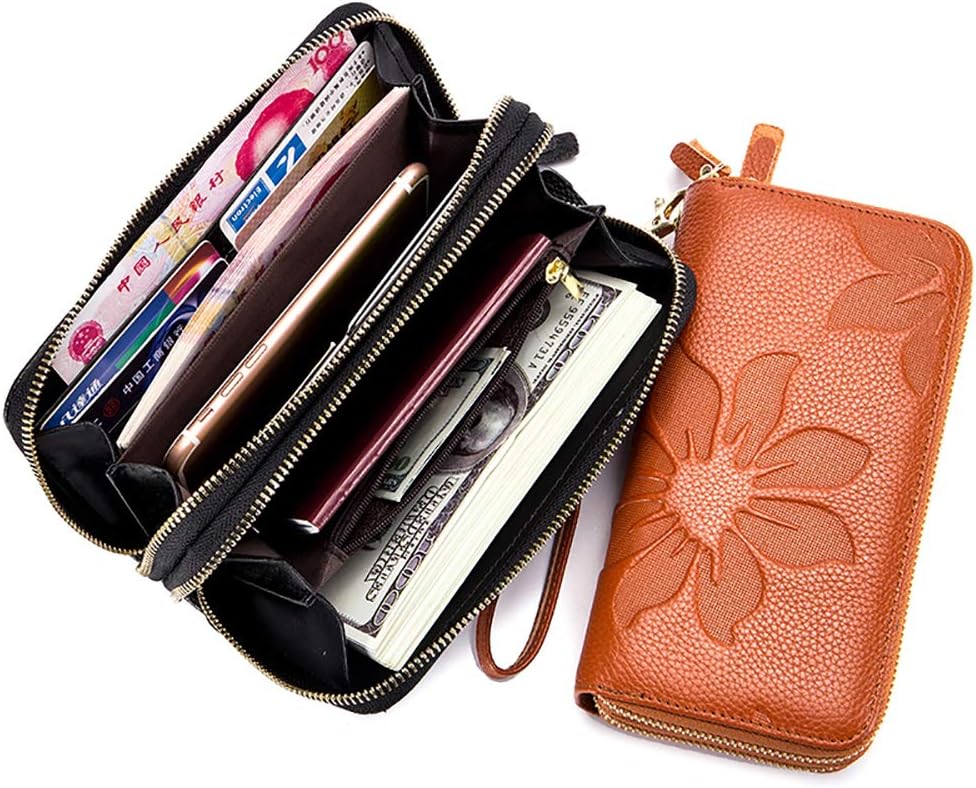 SWP RFID Blocking Women’s Leather Wallet, Double Zipper Smartphone Pocket, Embossed Flower with Credit Card Holder, Cash Slots Large Capacity Clutch Wristlet (Purple)