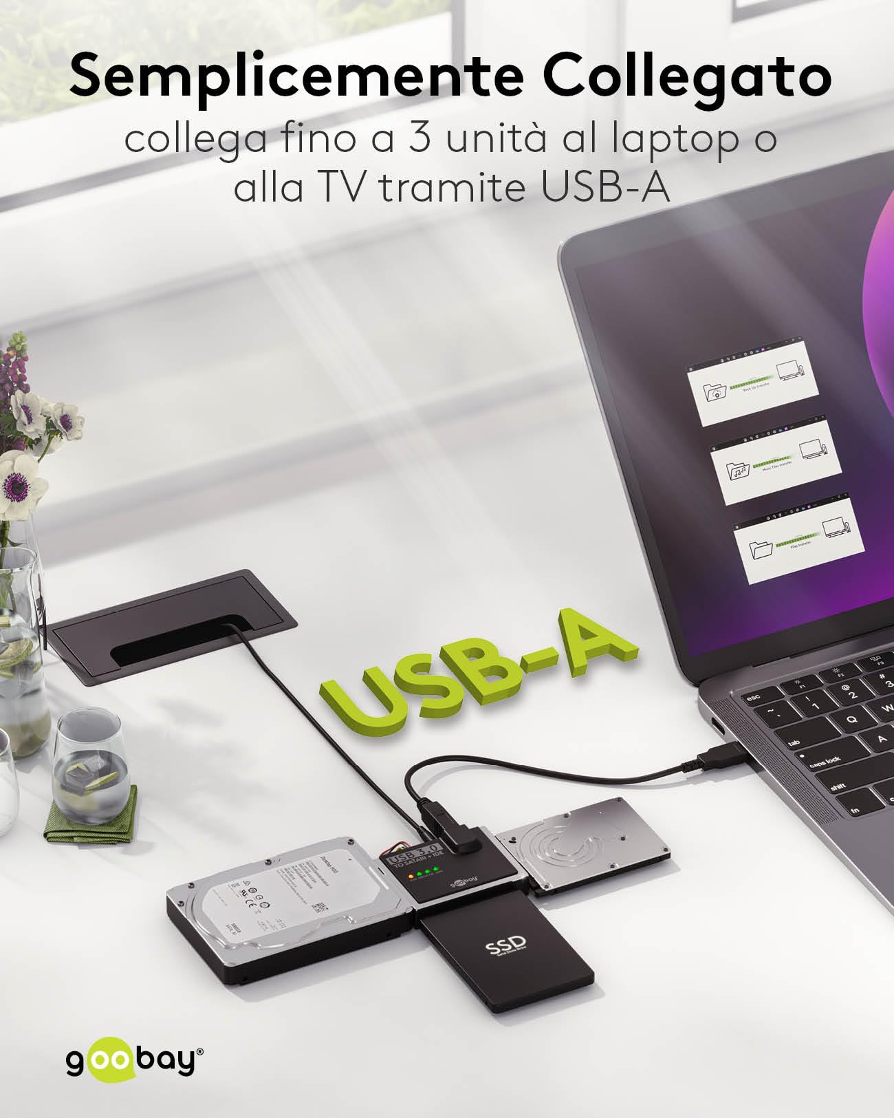 goobay Adattatore SATA per hard disk USB 3.0 e IDE/USB HDD & SSD/incl. cavo da USB A a B e alimentatore da 12 V 2 A/disco rigido esterno / 72013