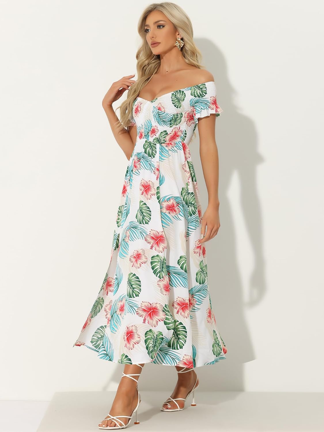 Allegra K Maxi Smock Dresses for Women's Beach Off Shoulder Floral Dress - Image 4