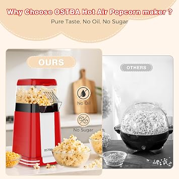 OSTBA Hot Air Popcorn Popper, 12-Cup Popcorn Maker Machine, Red