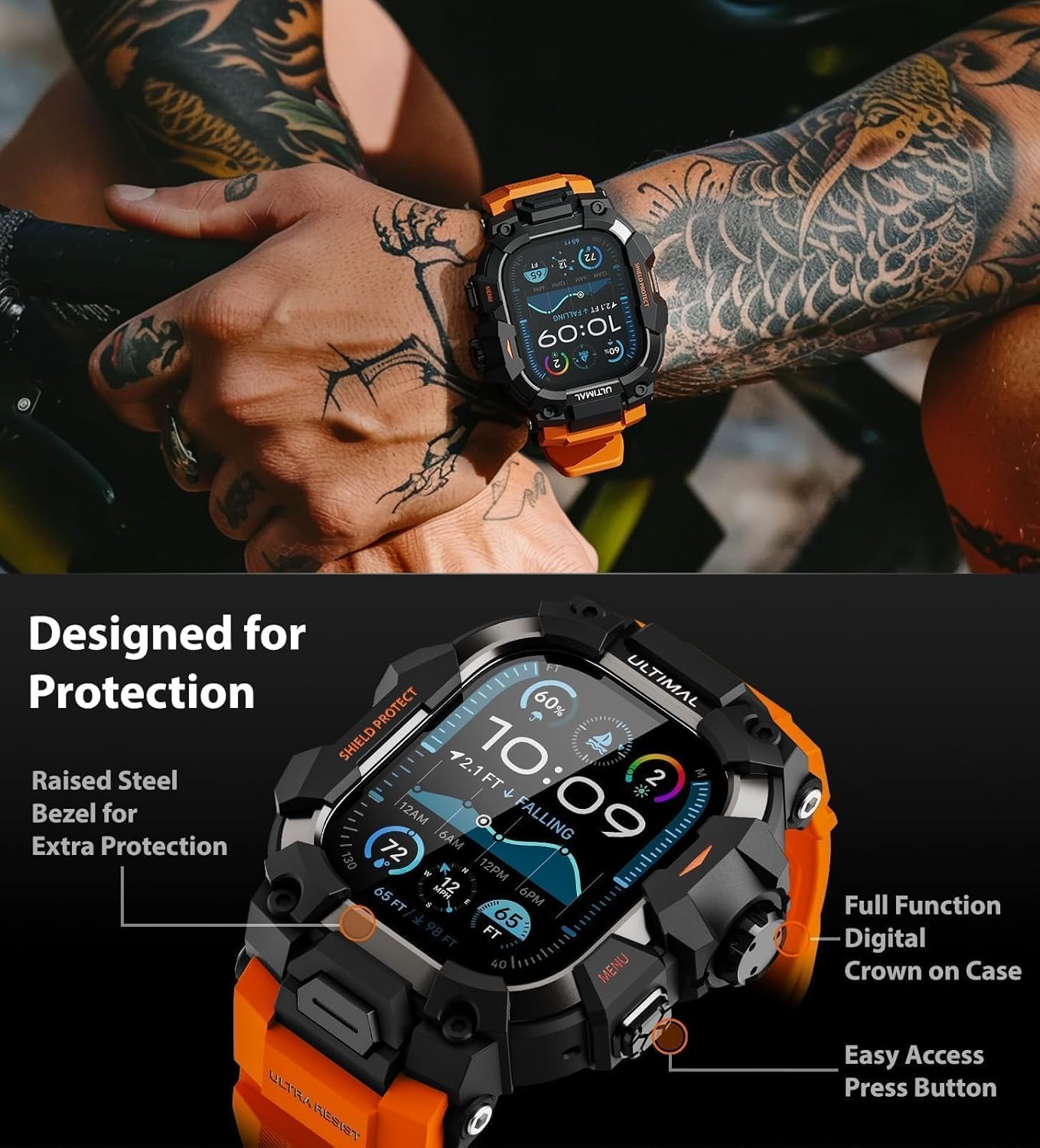 ULTIMAL Rugged Case with Band for Apple Watch 49mm,Compatible with Apple Watch Ultra 3/2/1, Military Grade Shockproof Bumper Cover for iWatch Tactical Band Men (49mm,Orange) - Image 3