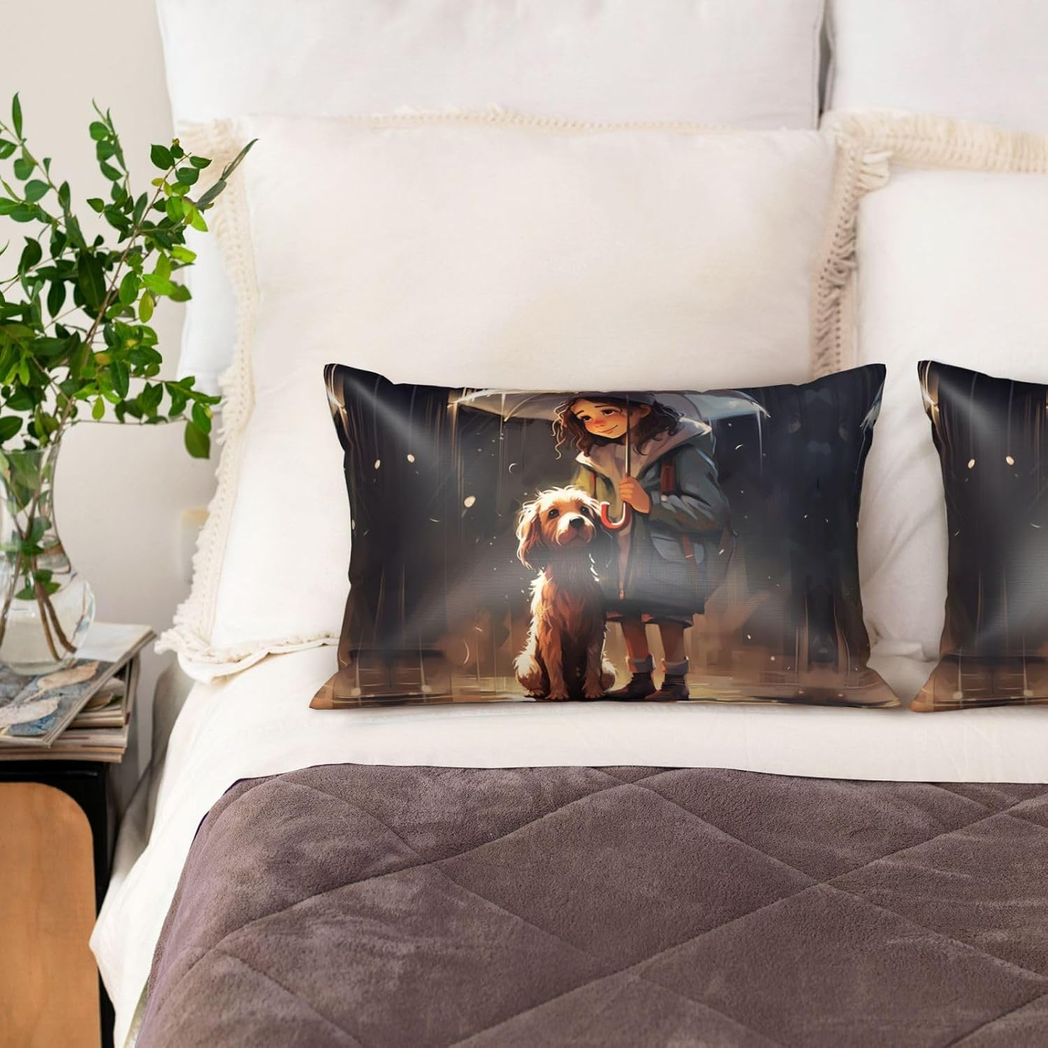 Satin Pillowcase for Hair and Skin, Girl Dog in The Rain Pillow Cover Queen Size 20x30 Inch Soft Smooth Breathable Cooling Silky Pillow Cases with Hidden Zipper, Gifts for Women Men