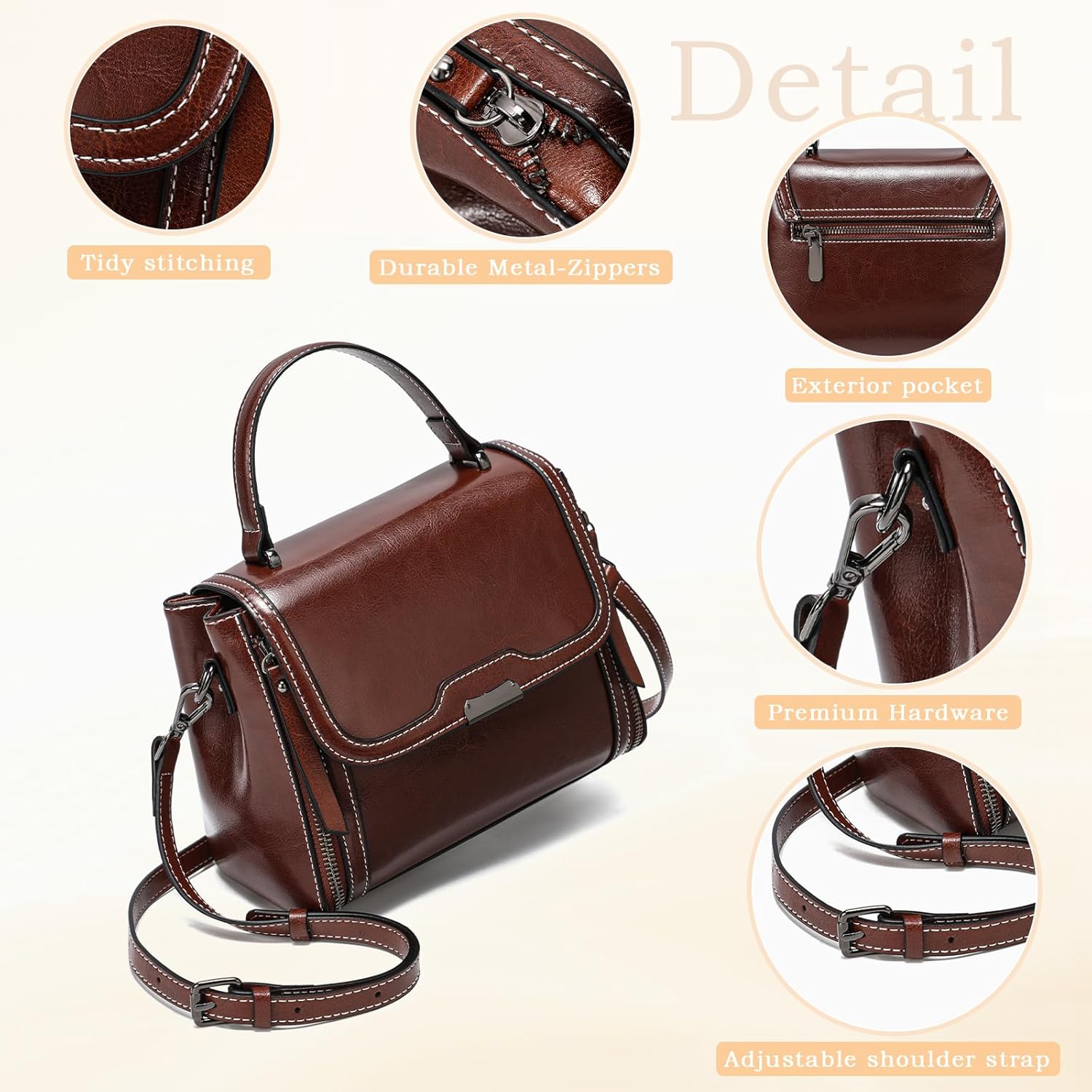 imeetu Oil Wax Leather Handbags for Women, Crossbody Bag Removable Shoulder Strap - Image 4