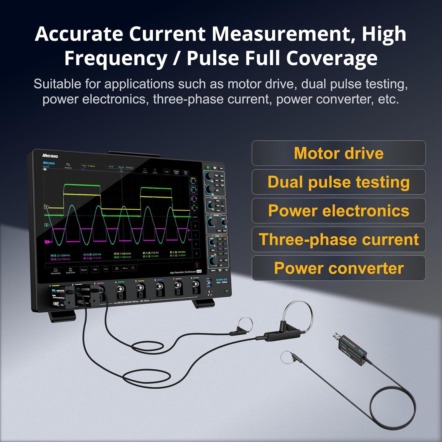 Micsig Rogowski AC Current Probe RCP60XS/RCP300XS/RCP600XS/RCP1200XS/RCP3000XS/RCP6000XS RCP Series Bandwidth 2Hz - 30MHz Accuracy (Typical) 2% Peak Current 6000Apk BNC Interface(RCP600XS)