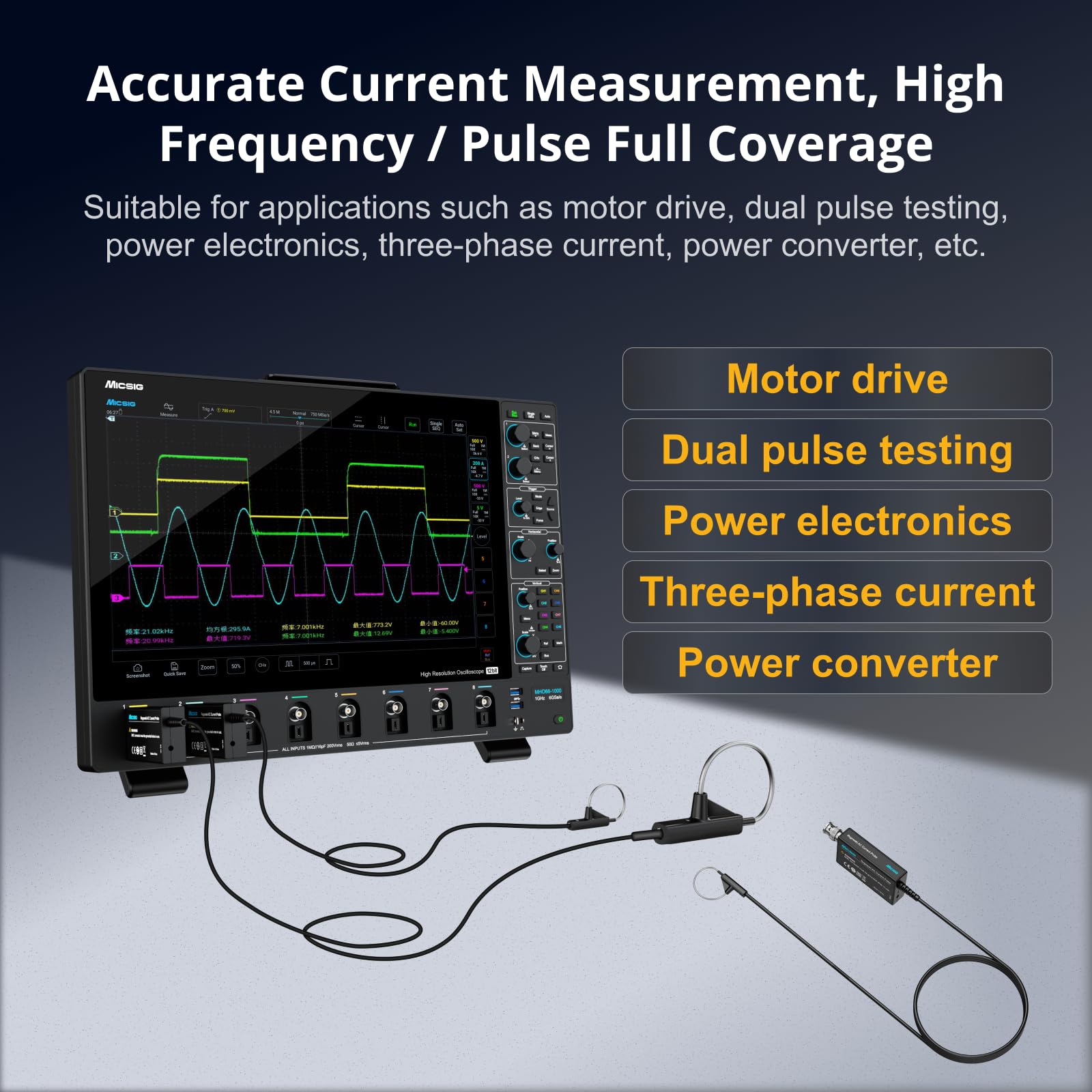 Micsig Rogowski AC Current Probe RCP60XS/RCP300XS/RCP600XS/RCP1200XS/RCP3000XS/RCP6000XS RCP series Bandwidth 2Hz - 30MHz Accuracy (typical) 2% Peak current 6000Apk BNC interface(RCP60XS)