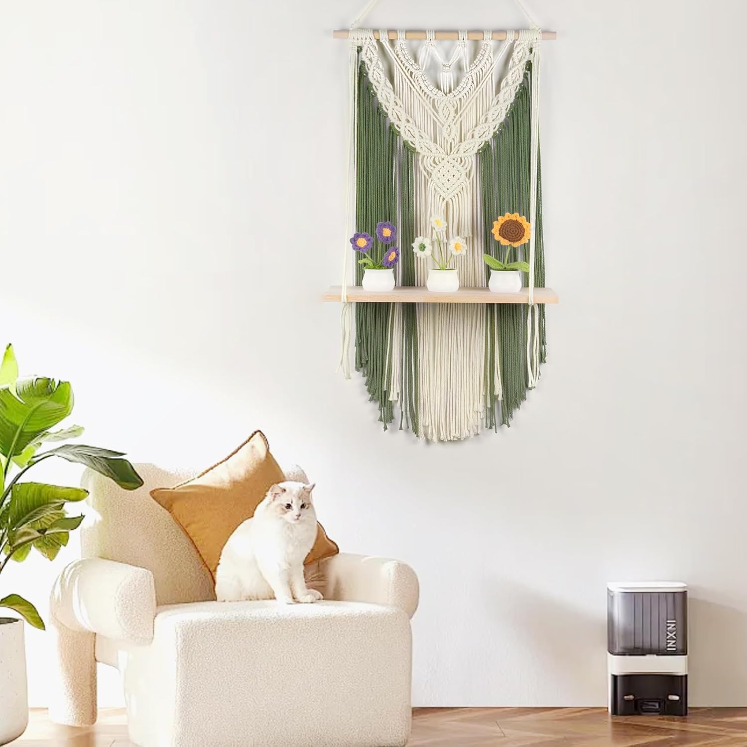 LB Green Macrame Wall Hanging Shelf Plant Holder Wall Decor 16x32 inch | Boho Hand Woven Macrame Wall Hanging,Green Cotton Macrame Wall Decor,Wood Floating Wall Shelf Decor for Bedroom Living Room