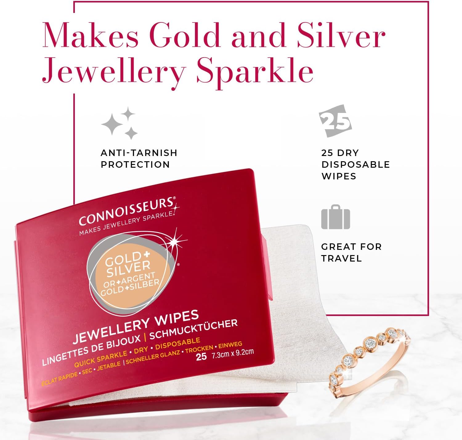 Connoisseurs Jewellery Wipes | 25 Jewellery Cleaning Wipes for Gold & Silver Jewelery | Anti-Tarnish Protective Shield | Dry, Disposable