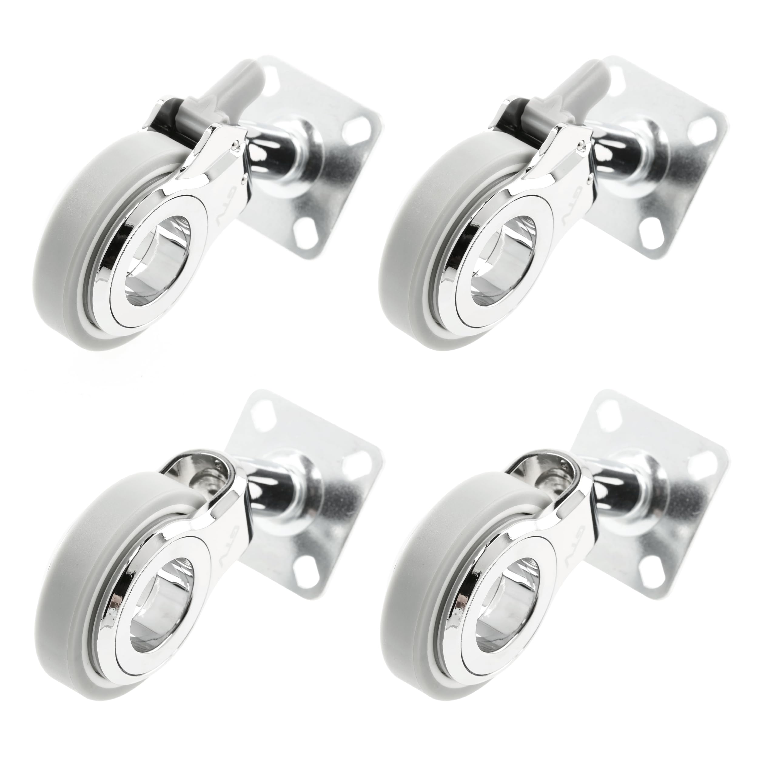GTV – Rotelle per mobili GIRA, set di 2 ruote frenate + 2 ruote per mobili senza freno, cromato/grigio opaco, girevole a 360°, per scrivania, mensola, tavolino, sgabello, diametro 60 mm, altezza 94 mm