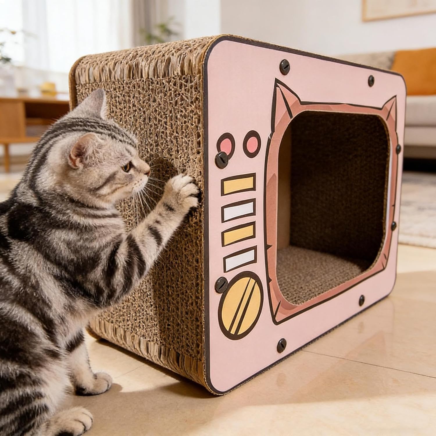 Genérico Cat Scratching Card: Corrugated Bed with TV Shape, Indoor Scratching Bed for Furniture Protection, Enrichment Set, Exercise, Boredom, Small Animals