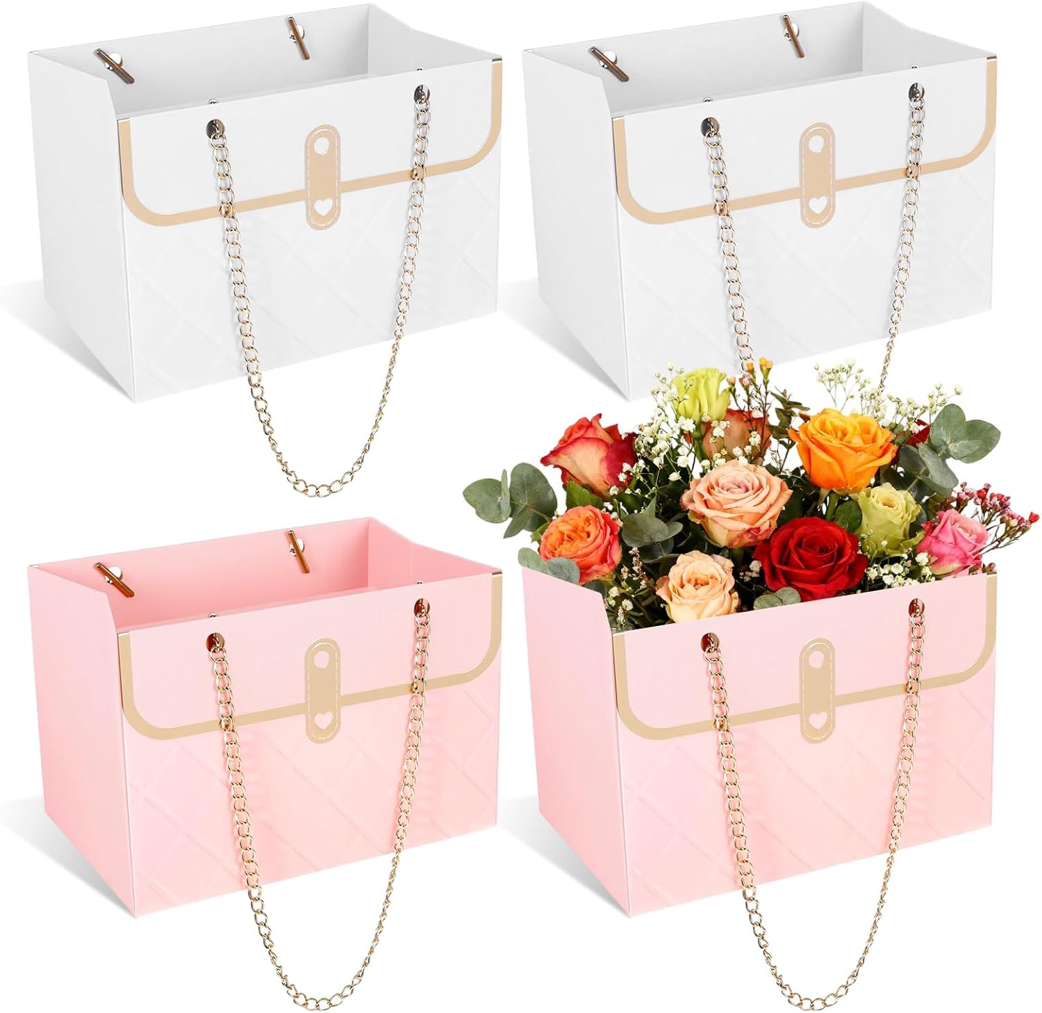 4 Pcs Flower Paper Gift Box Bouquet Storage Bucket, Flower Boxes Wedding Florist Handbag with Metal Chain, Floral Craft Wrap Bag for Arrangements Valentine's Day Birthday Mother's Day (Pink White)