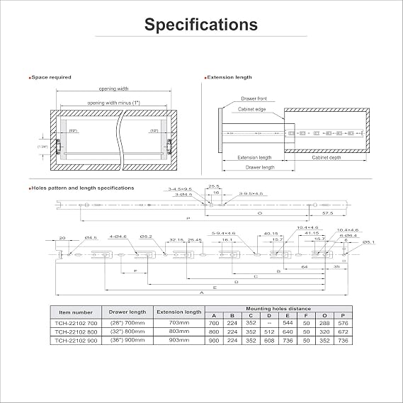 TOUCH TCH-22102 Series 45mm Full Extension Ball Bearing Drawer Slides Side Mount (36 inch 900MM, 1 Pair)
