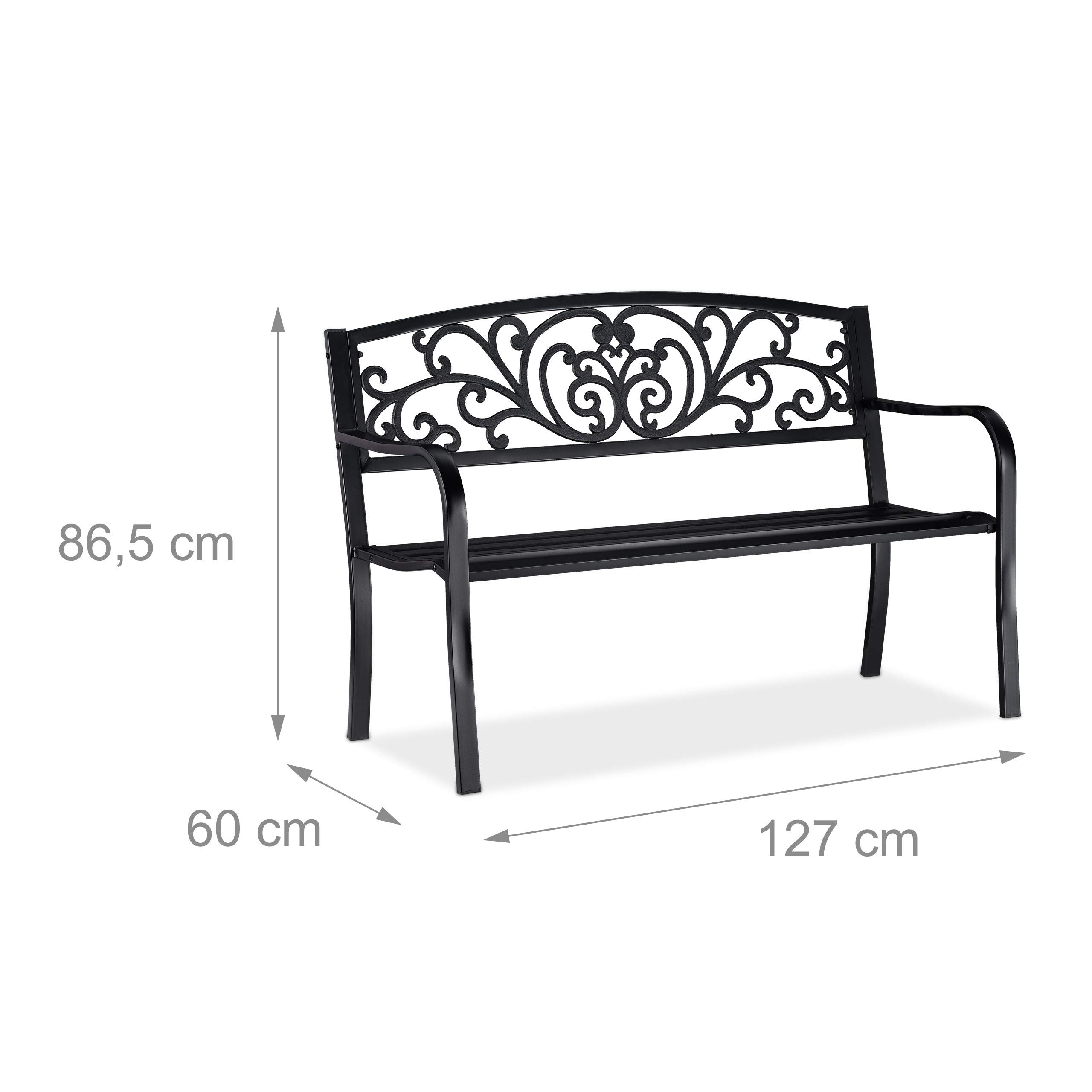 Relaxdays, noir jardin, Banc extérieur, balcon, 2 places, fer, ornements, Fonte, acier 86,5x127x60 cm