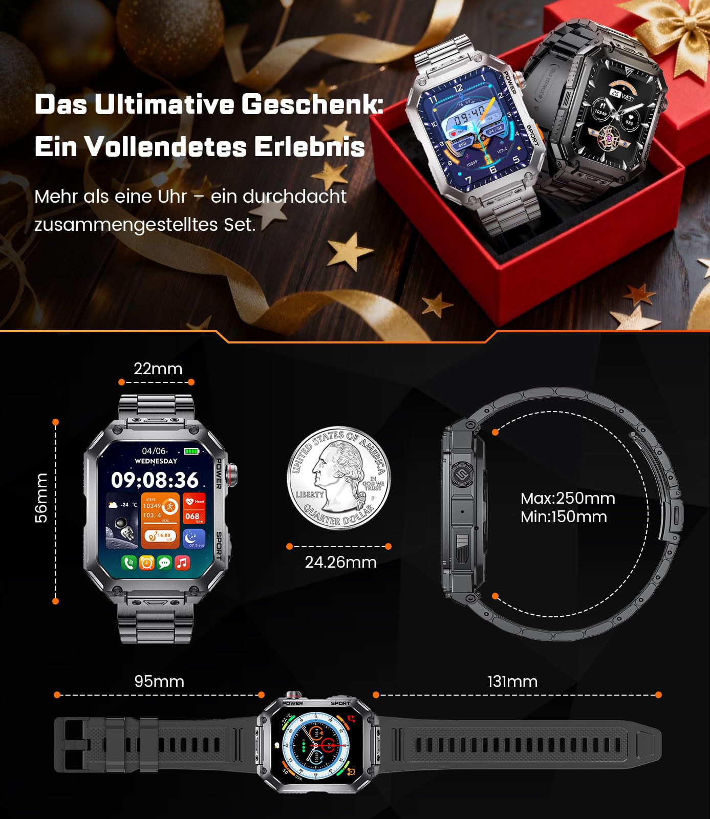 ESFOE Reloj Inteligente Hombre(3 Correas),1.96" Militar Smartwatch Hombre con Llamadas,5ATM Impermeable, 400mAh, 100+ Modos Deportivos/24H Pulsómetro/Sueño/Podómetro Pulsera Actividad Negro Metalizado