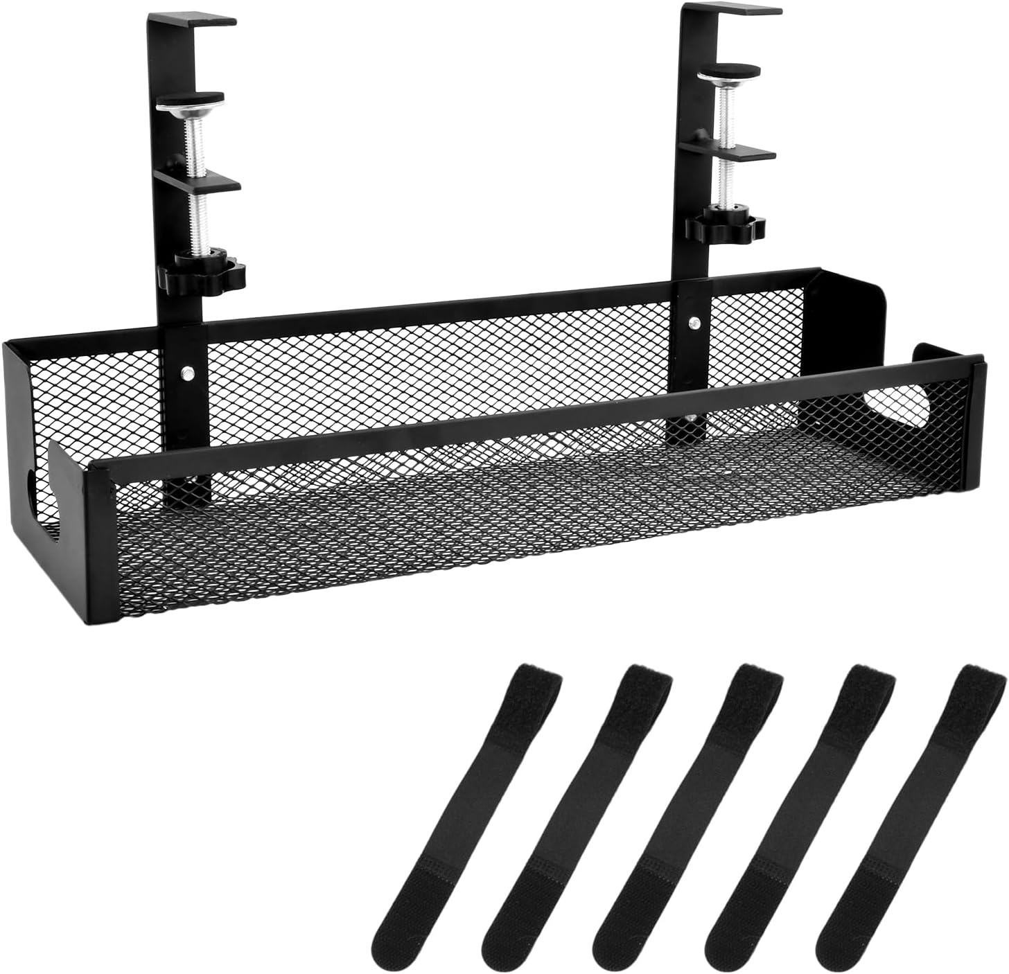 Under Desk Cable Management Tray, 40cm No Drill Wire Organizer with Clamp Mount, Metal Mesh Cable Tray for Extension Cords, Power Strips, Side Opening Cord Tidy Basket for Office Home