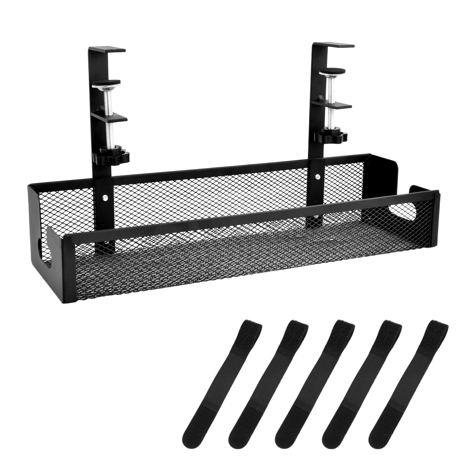 Under Desk Cable Management Tray, 40cm No Drill Wire Organizer with Clamp Mount, Metal Mesh Cable Tray for Extension Cords, Power Strips, Side Opening Cord Tidy Basket for Office Home