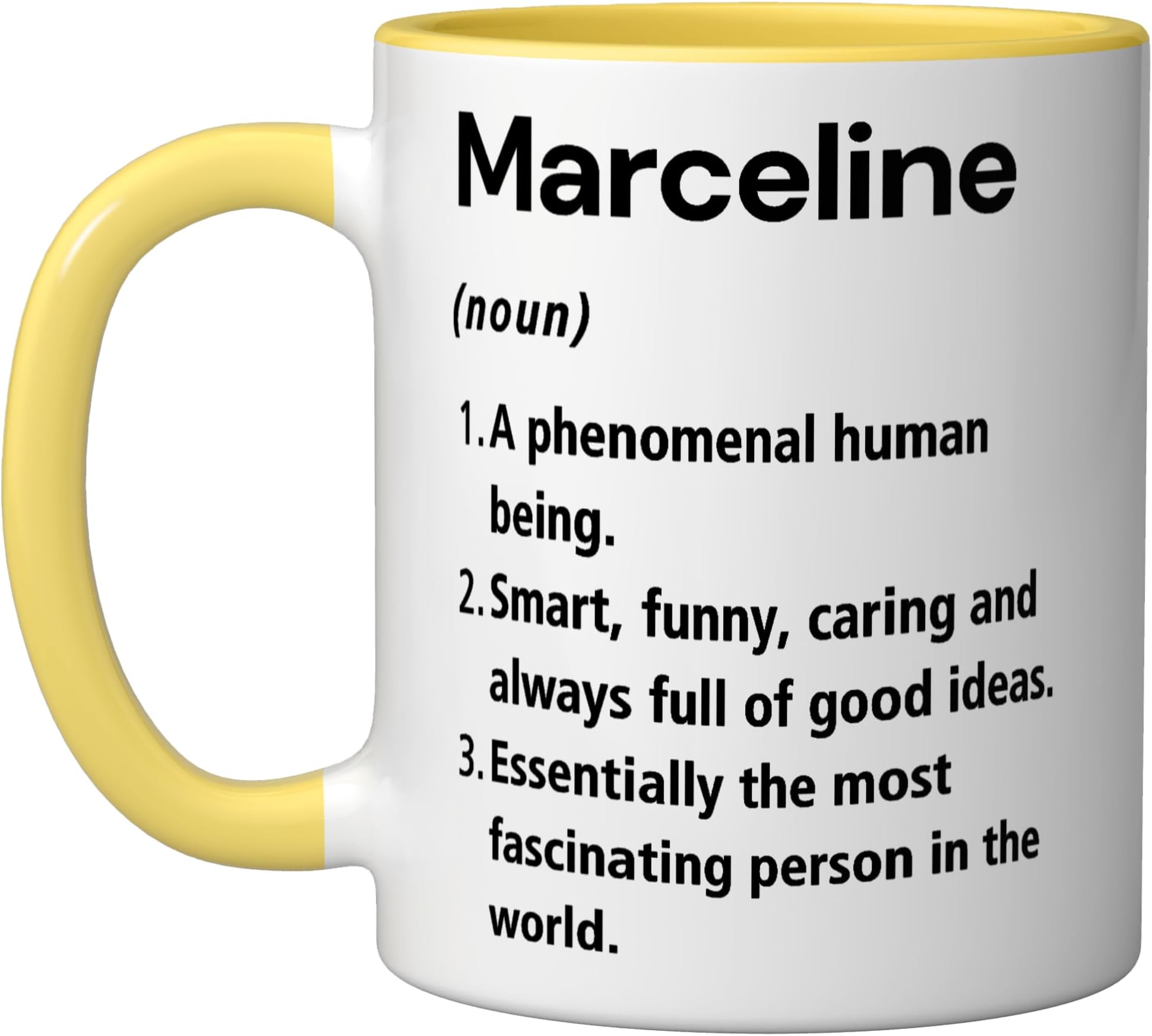 Marceline Name Definition Dictionary Ceramic Mug, Yellow/White