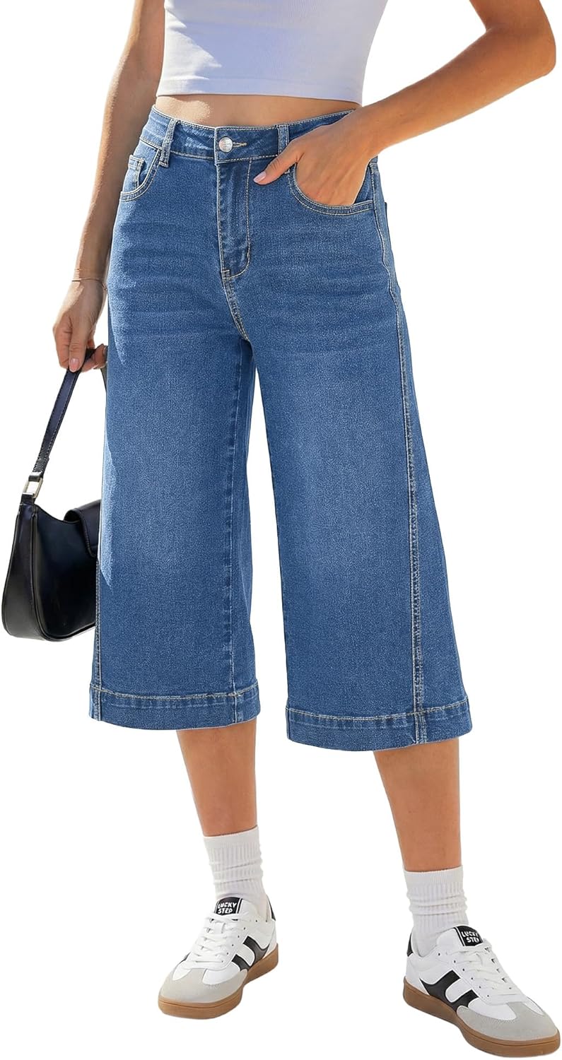 GRAPENT Capri Jeans for Women Wide Leg Trendy High Waisted Side Seam Stretchy Denim Capris Pants Summer Casual Jeans