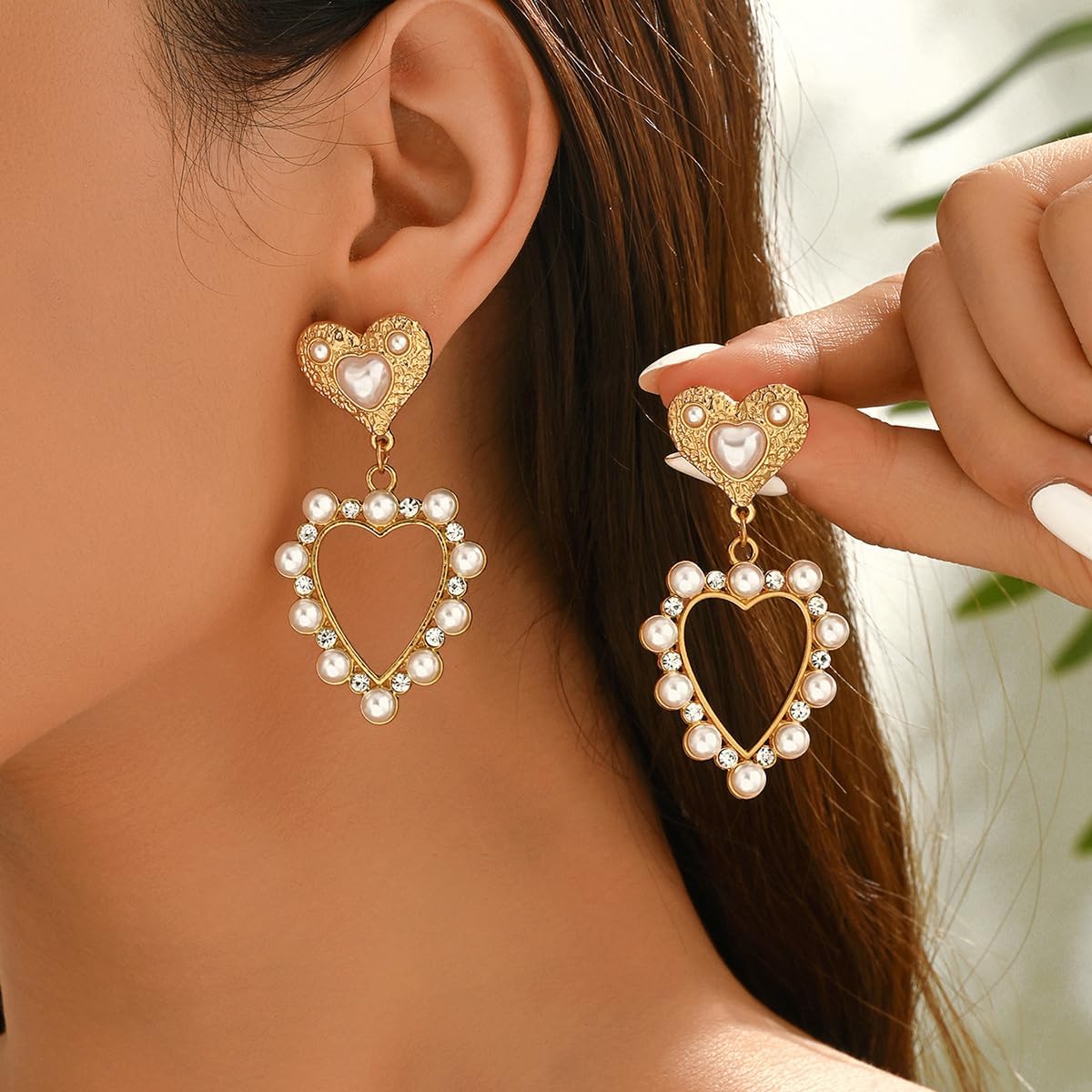 Gold Plated Heart Pearl Earrings for Women, Romantic Drop Dangle Earrings with Rhinestones, Cute Y2K Statement Jewelry Gift - Image 2