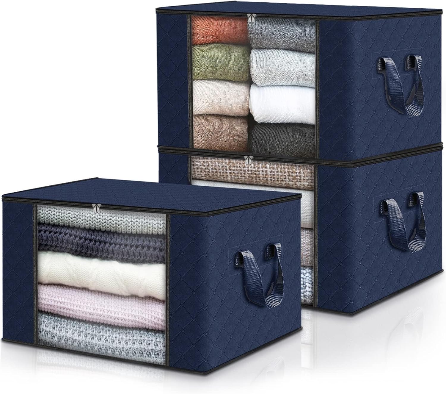 Fab totes 3 Pack Clothes Storage, Foldable Blanket Storage Bags, Storage Containers for Organizing Bedroom, Closet, Clothing, Comforter, Organization and Storage with Lids and Handle, Blue