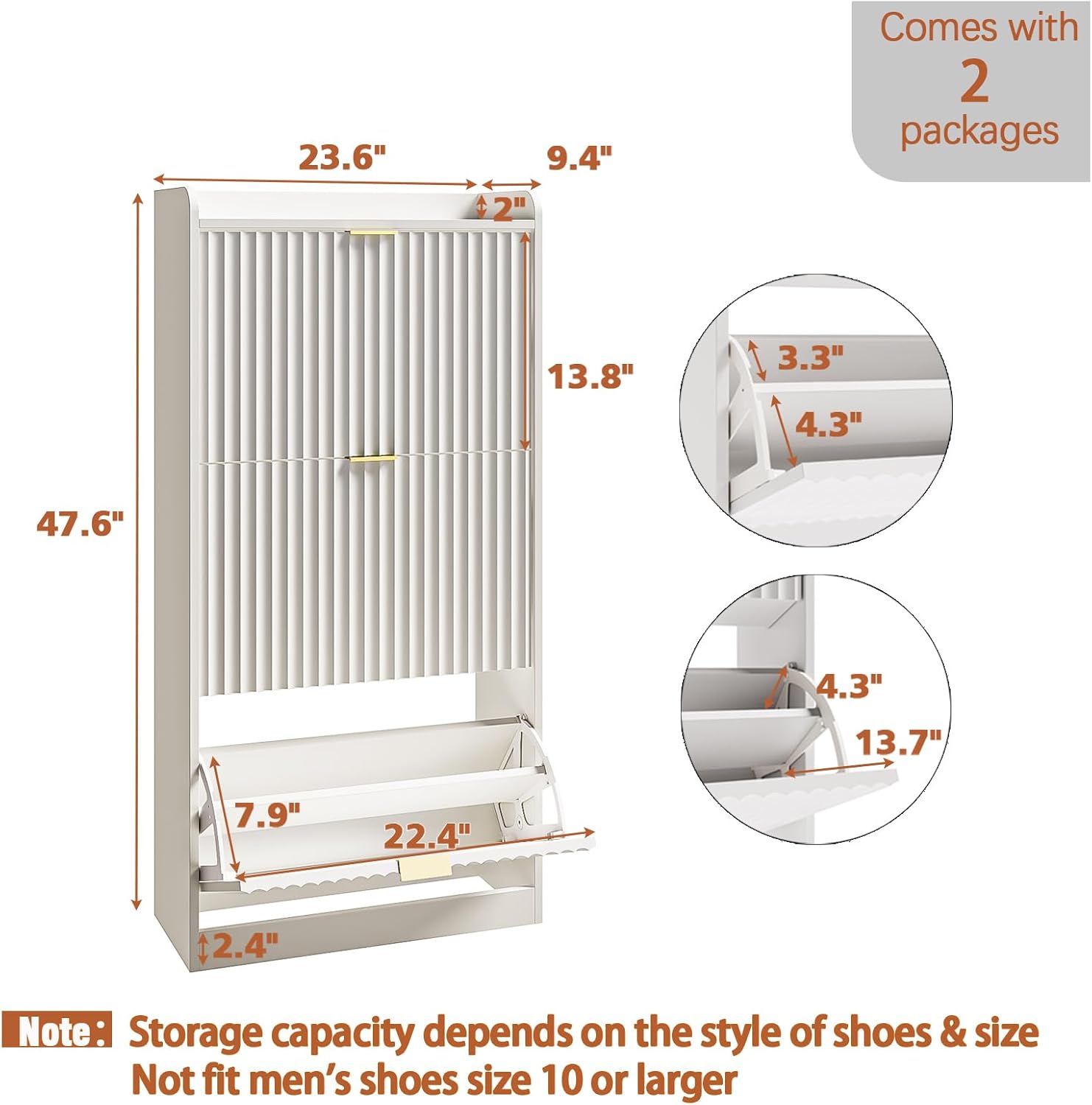 White Fluted Shoe Cabinet with 3 Flip Drawers, Narrow Shoe Storage Cabinet for Entryway, Freestanding Shoes Rack Organizer Cabinets with Adjustable Shelves for Entryway, Hallway