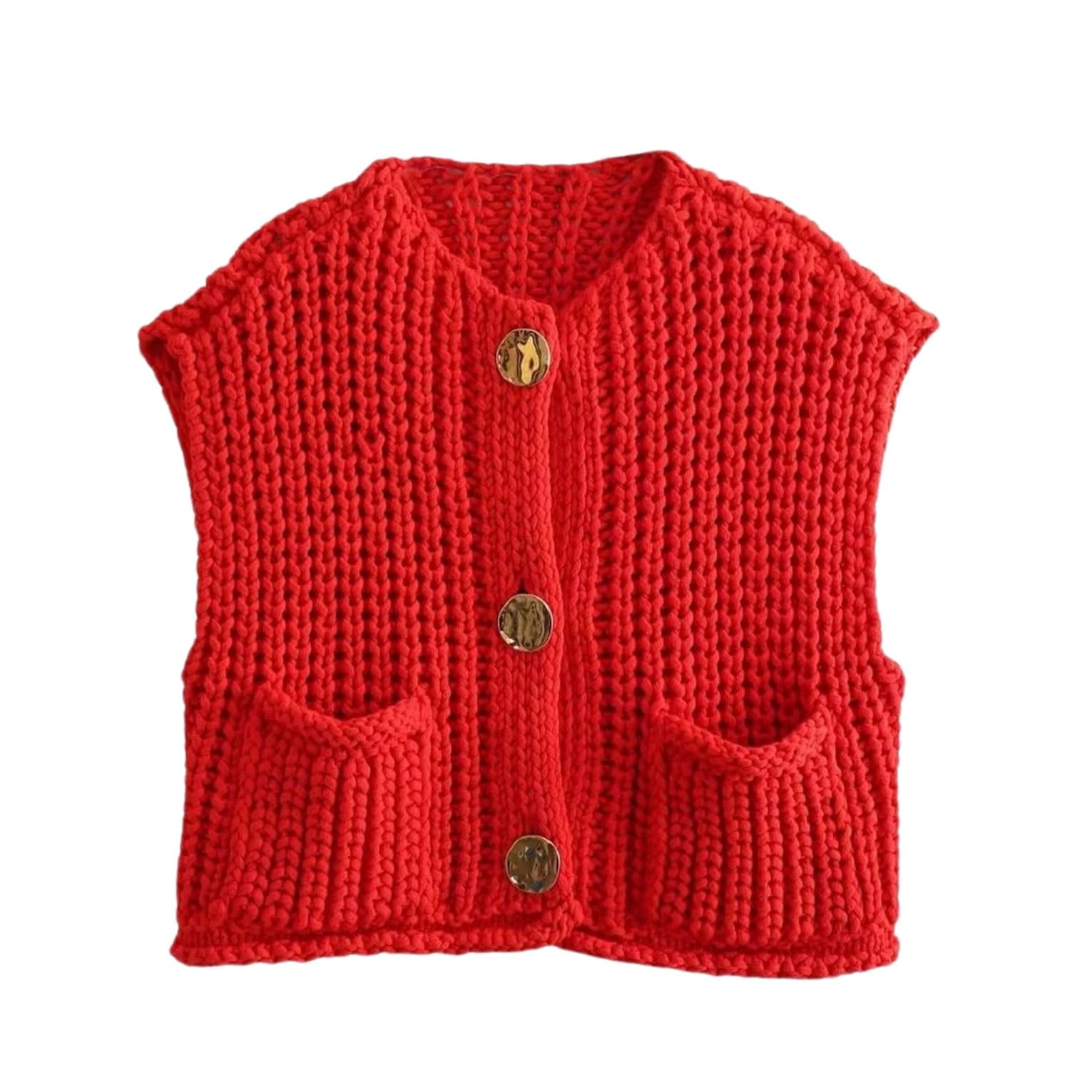 FindThy Womens Cropped Sweater Vest Cute Crewneck Button Down Sleeveless Crop Knit Cardigan with Pocket