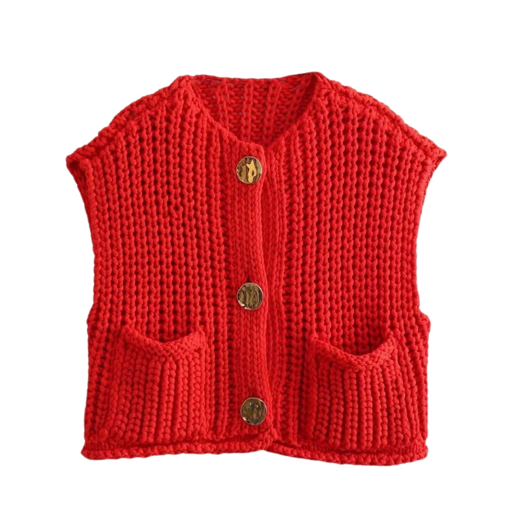 FindThy Womens Cropped Sweater Vest Cute Crewneck Button Down Sleeveless Crop Knit Cardigan with Pocket