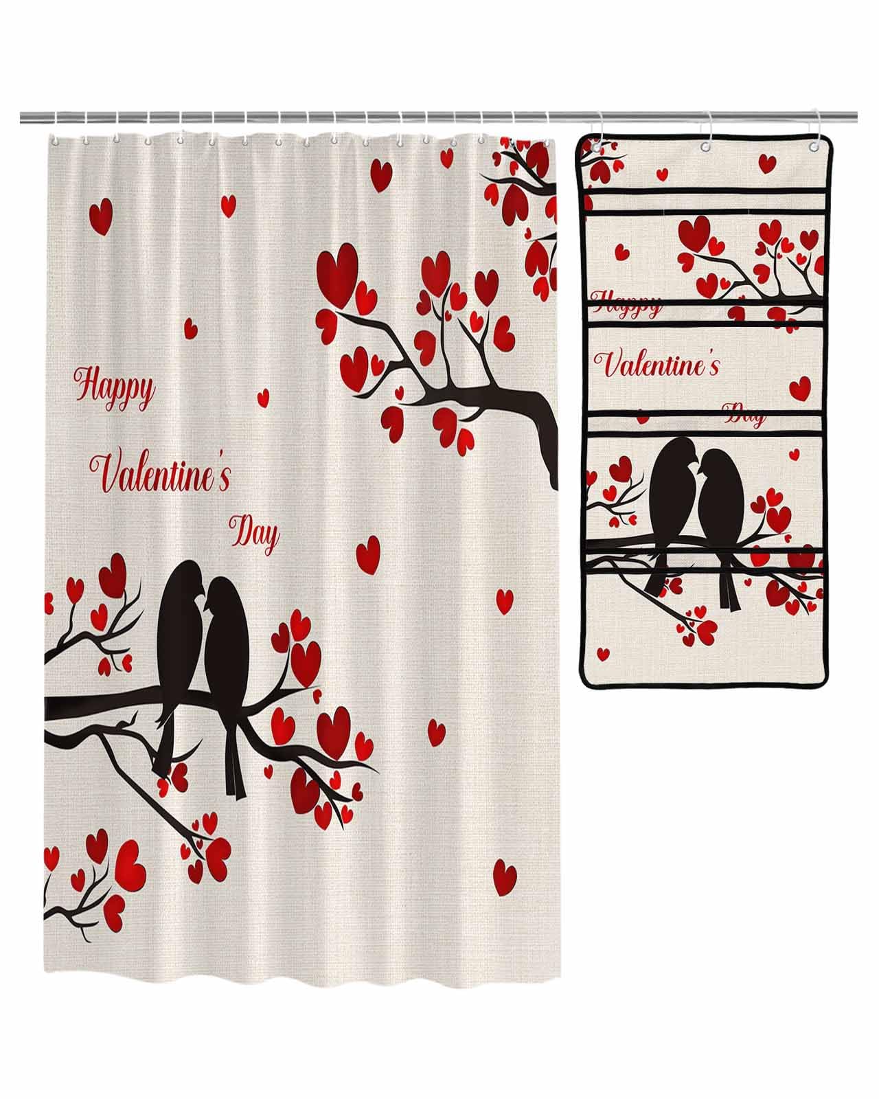 ZFUNCING Shower Curtain Mesh Shower Organizer Set Happy Valentines Day Love Tree Waterproof Bath Curtains Hanging Shower Caddy