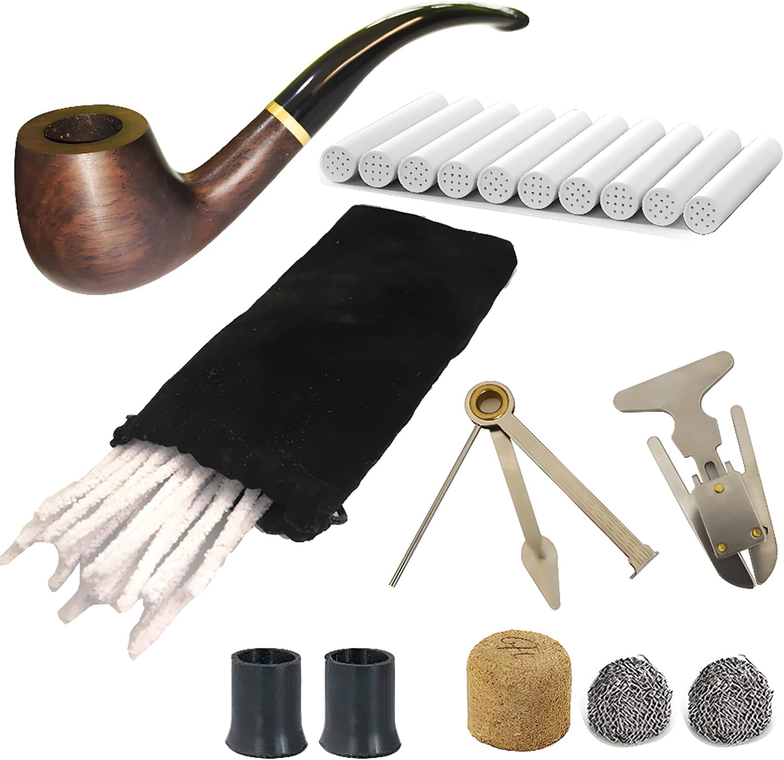 CESFONJER Tobacco Pipe Set, Pear Wood Pipe with Pipe Cleaners, 9 mm Pipe Filters, 3-in-1 Pipe Scraper, Pipe Bits, Metal Balls, Cork Knockers, Bonus a Pipe Pouch