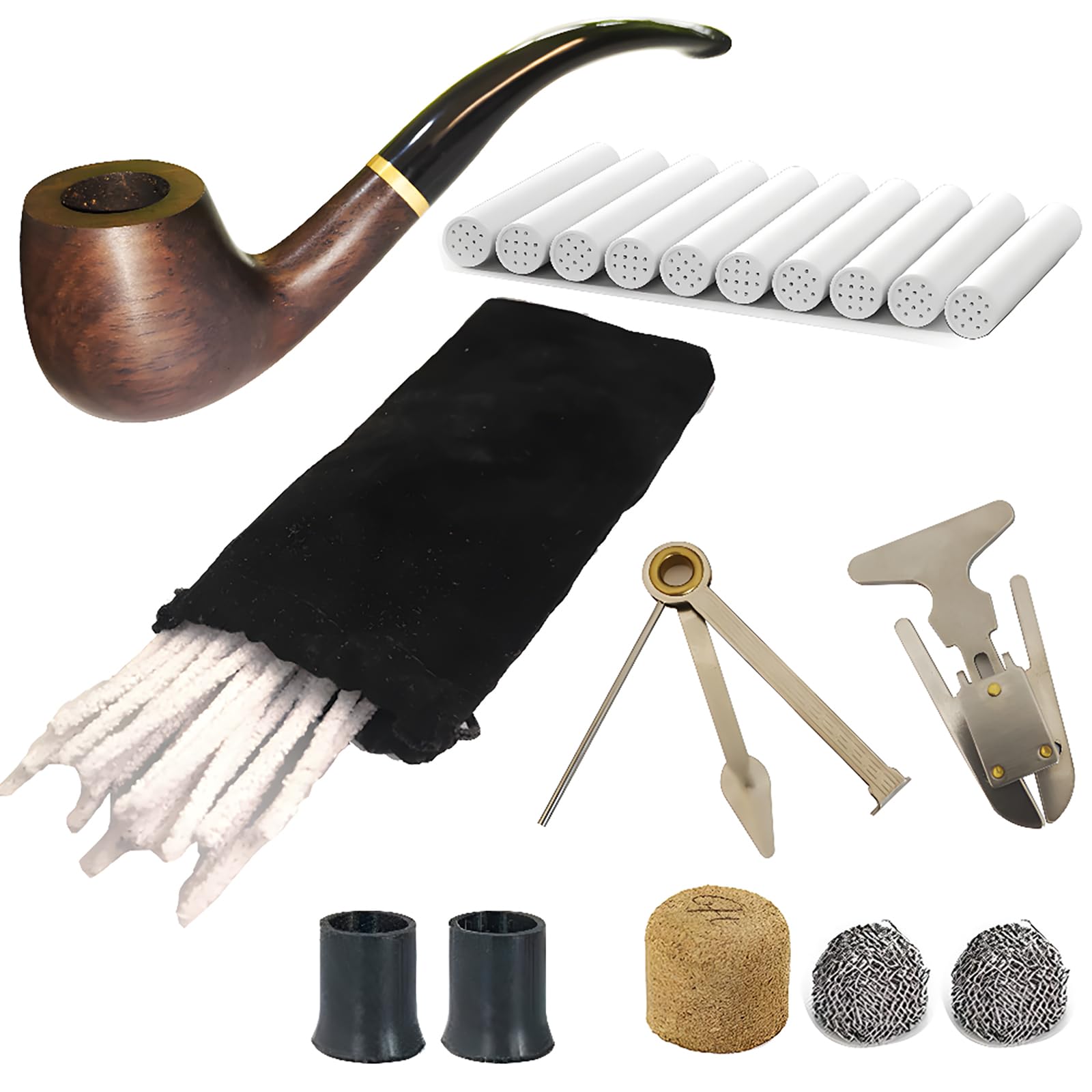 CESFONJER Tobacco Pipe Set, Pear Wood Pipe with Pipe Cleaners, 9 mm Pipe Filters, 3-in-1 Pipe Scraper, Pipe Bits, Metal Balls, Cork Knockers, Bonus a Pipe Pouch