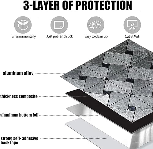 Miniatura 2 de XUANINY 5 hojas de azulejos metálicos para salpicaduras de pared, autoadhesivos, triangulares, multicolor, mosaico de aluminio 3D, adhesivo de pared
