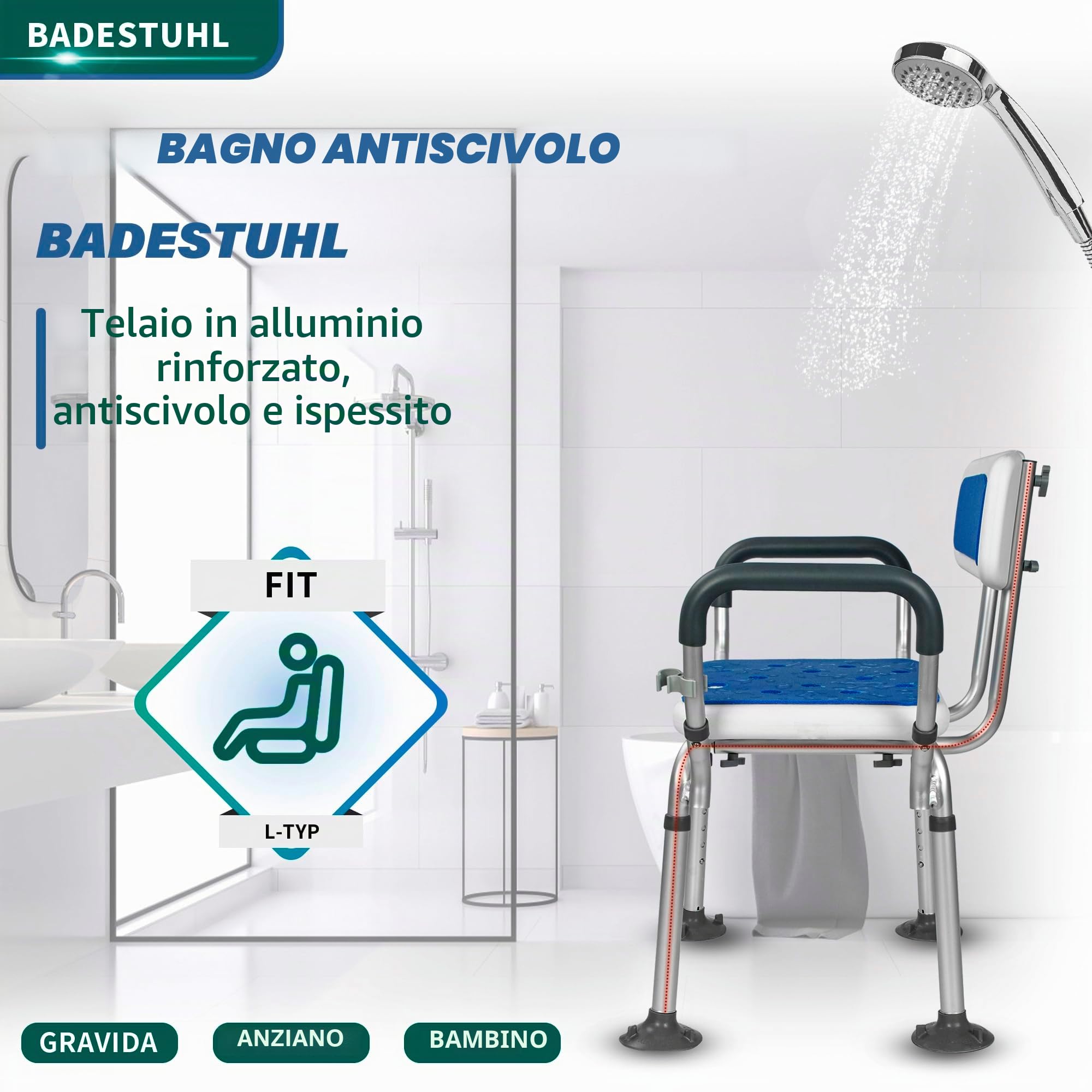 OUUTMEE Sedia da doccia con braccioli e schienale, regolabile in altezza, blu | Sgabello da doccia con 6 posizioni, per anziani, con cuscinetti antiscivolo per i piedi, facile da montare