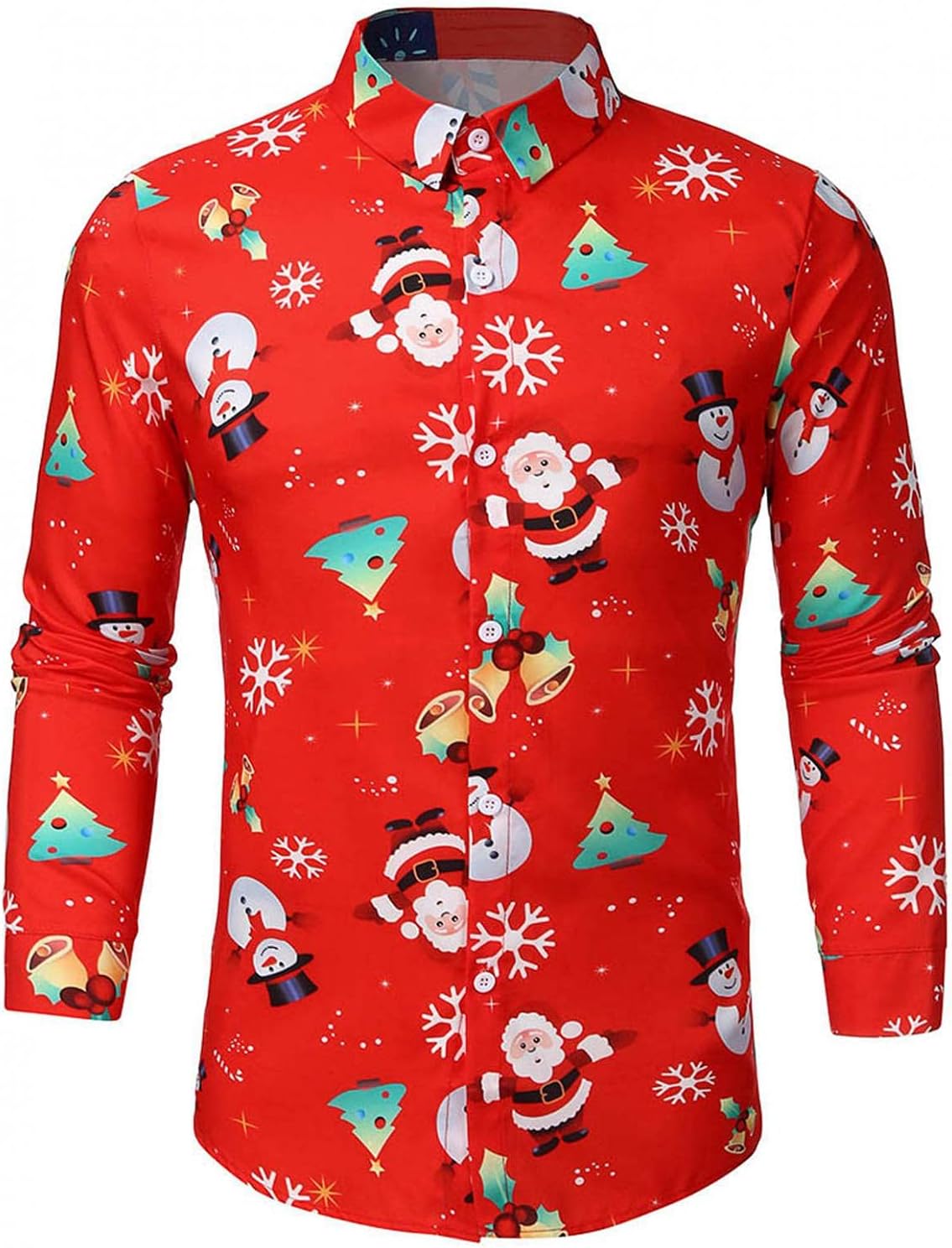 POIUDE Ugly Christmas Dress Shirt for Mens Casual Long Sleeve Santa Claus Party Button Down Hawaiian Vacation Shirt Red