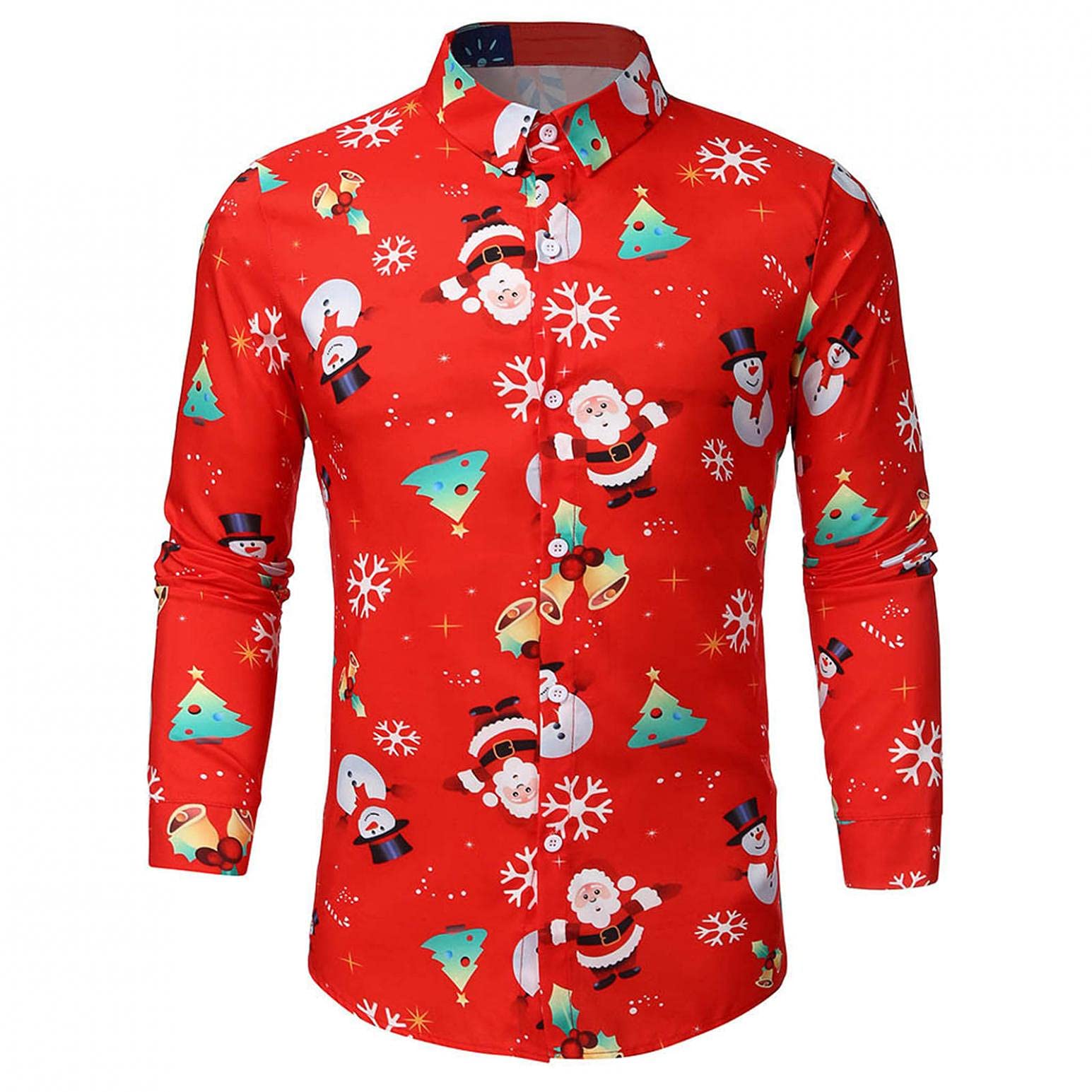 POIUDE Ugly Christmas Dress Shirt for Mens Casual Long Sleeve Santa Claus Party Button Down Hawaiian Vacation Shirt Red