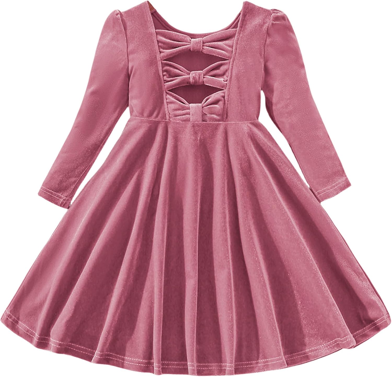 Happy Cherry Girls Velvet Dress Crew Neck Bow Back Long Sleeve Princess Christmas Birthday Party Wedding Dresses
