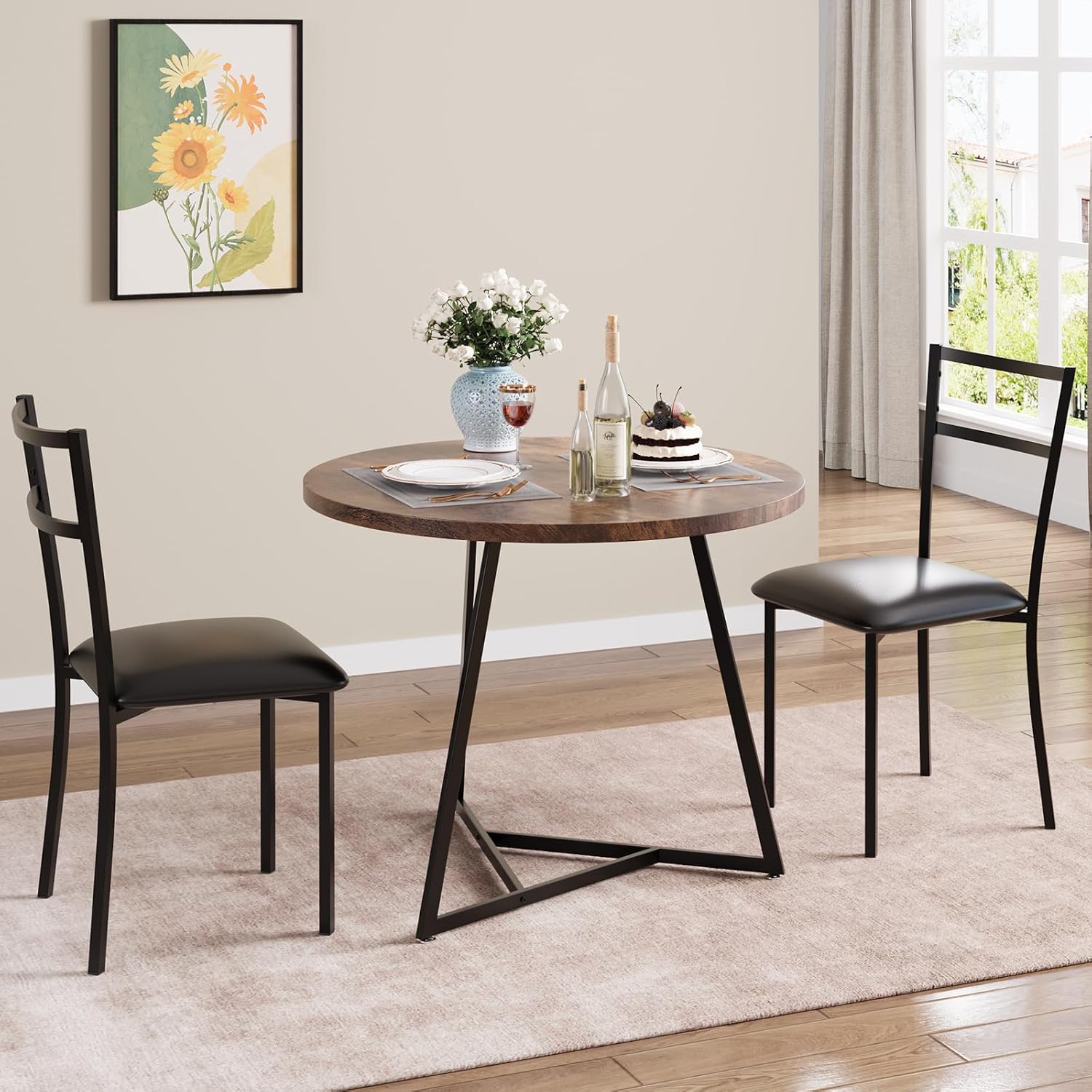 2-Person Dining Table Set, Space Saving Round Dining Table with Upholstered Chairs, Sturdy Steel Frame Compact Table for Small Spaces，Modern Small Apartment Dining Set, Retro Brown