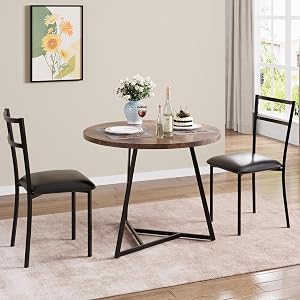 2-Person Dining Table Set, Space Saving Round Dining Table with Upholstered Chairs, Sturdy Steel Frame Compact Table for Small Spaces，Modern Small Apartment Dining Set, Retro Brown
