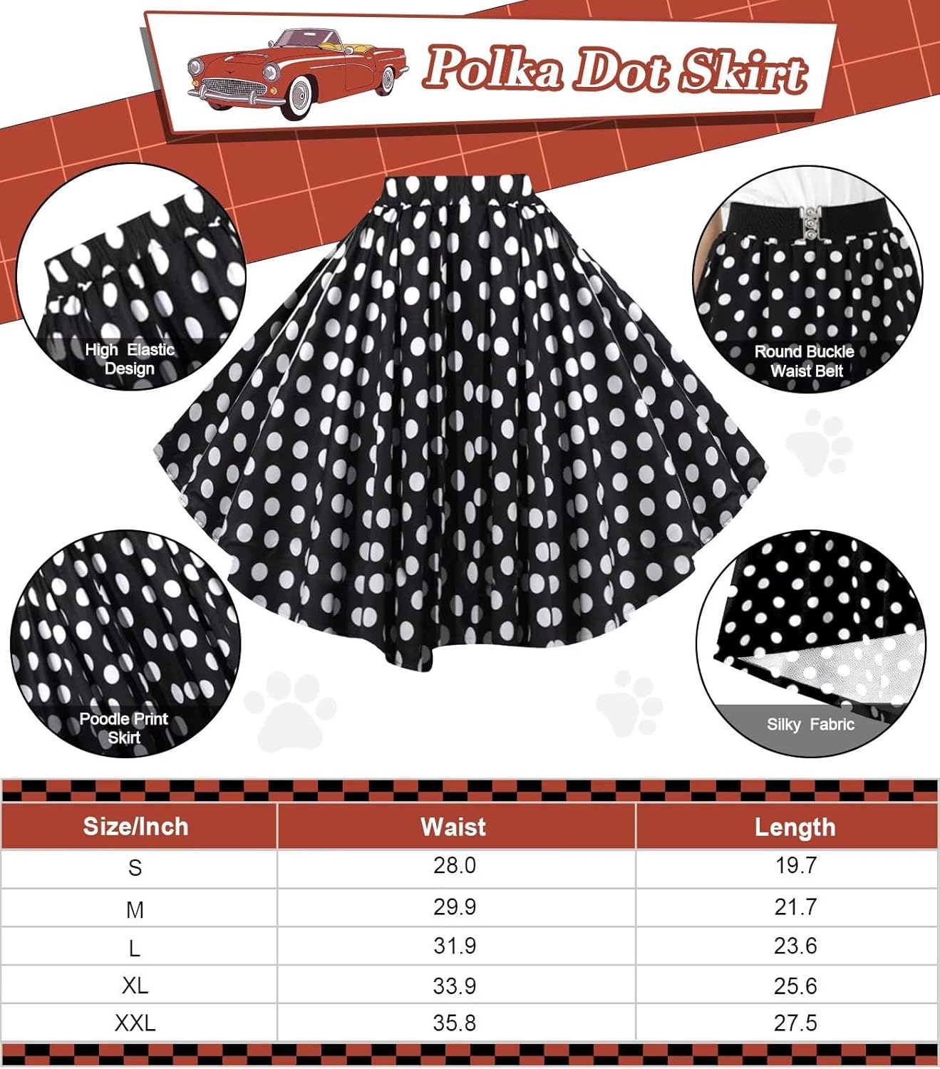 Sock Hop Outfits Women, 1950s Poodle Dresses, Polo Shirt with 50s Accessories Socks Scarf Headband Belt 10Pcs - Image 3