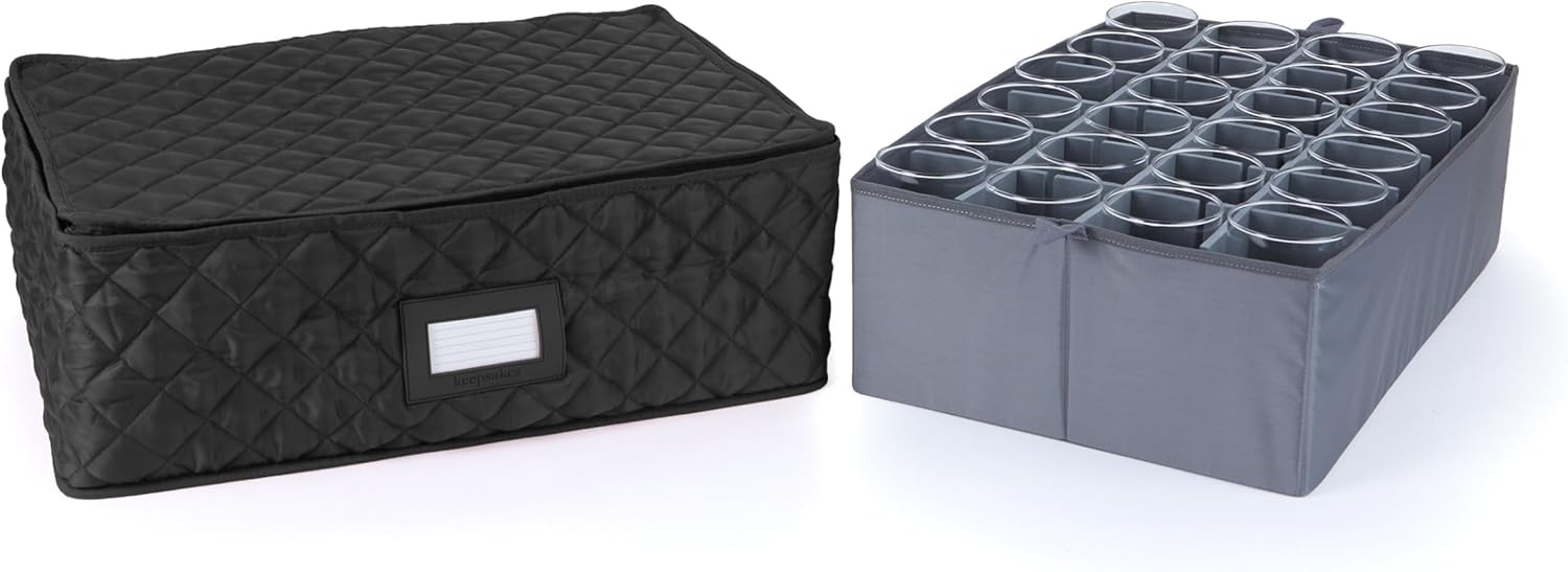 Covermates Adjustable Glassware Storage Container with FlexGrid Dividers, Padded Quilted Organizer for Wine Glasses & Stemware, Zipper Closure, ID Window, Stackable Storage, Black