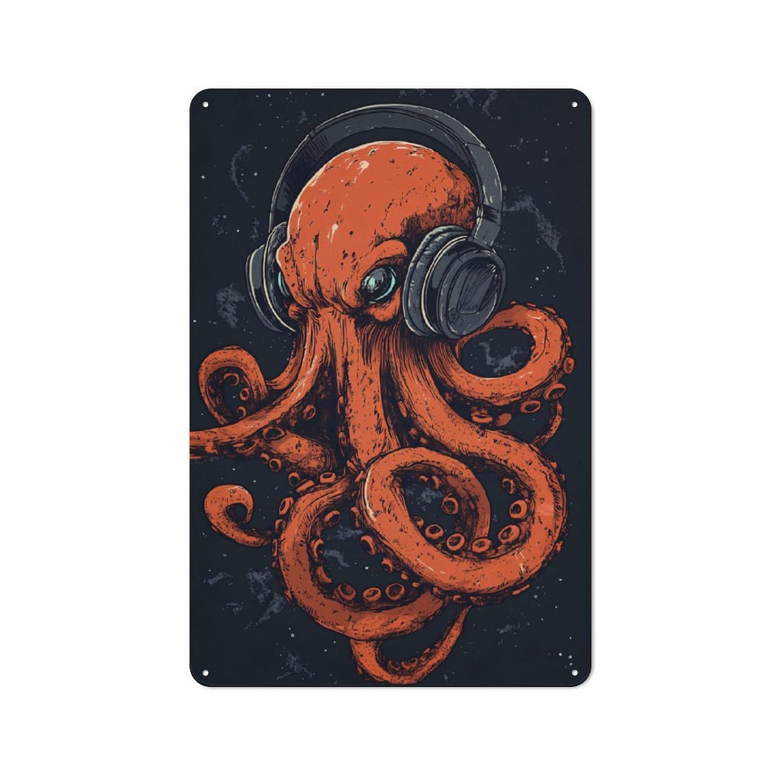 Octopus with Headphones Decorative Metal Plaque, Bright Printed Design, for Washroom, Small Wall Space Or Hallway, 30x20cm