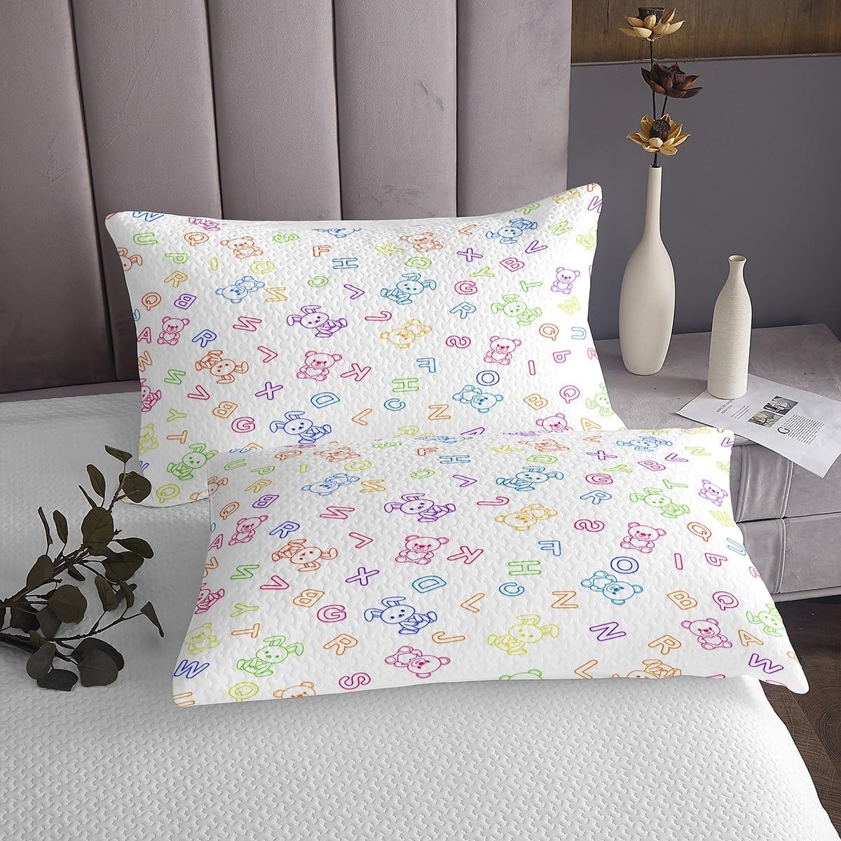 Kids Alphabet Theme Bedspread Twin Size,Cute Bear Rabbit Bedding Sets 2Pcs,Cartoon Animals Comforter Set for Girls Boys Teens Bedroom Decor,Vivid Colorful Print Quilt Coverlet,1 Pillowcase