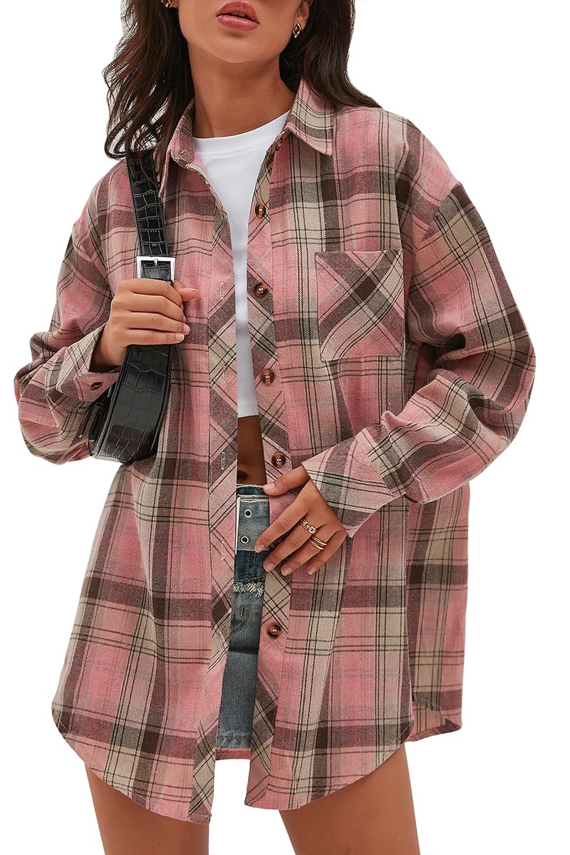 CHYRII Womens Button Down Flannel Shirts Long Sleeve Plaid Shackets Business Casual Blouse Top: Medium Dust Pink