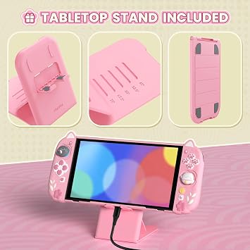 playvital Cherry Blossoms Kitten Silicone Grip & PC Shell Case for Nintendo Switch 2 - Pink | Cat Ear & Paw Joycon Covers + Dockable Protection + Extra Adjustable Stand