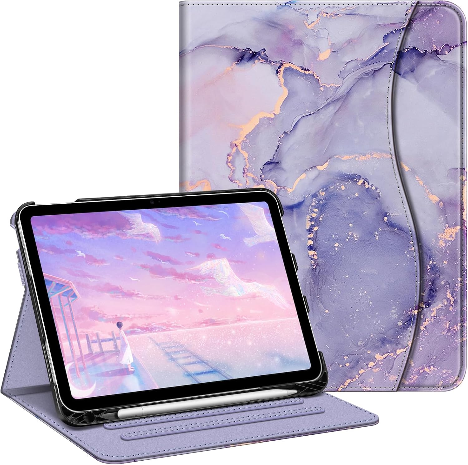 Fintie Case for iPad (A16) 11th Generation 11 Inch (2025), iPad 10th Generation 10.9 Inch (2022), Multi-Angle Viewing Protective Stand Cover with Pencil Holder & Pocket, Lilac Marble