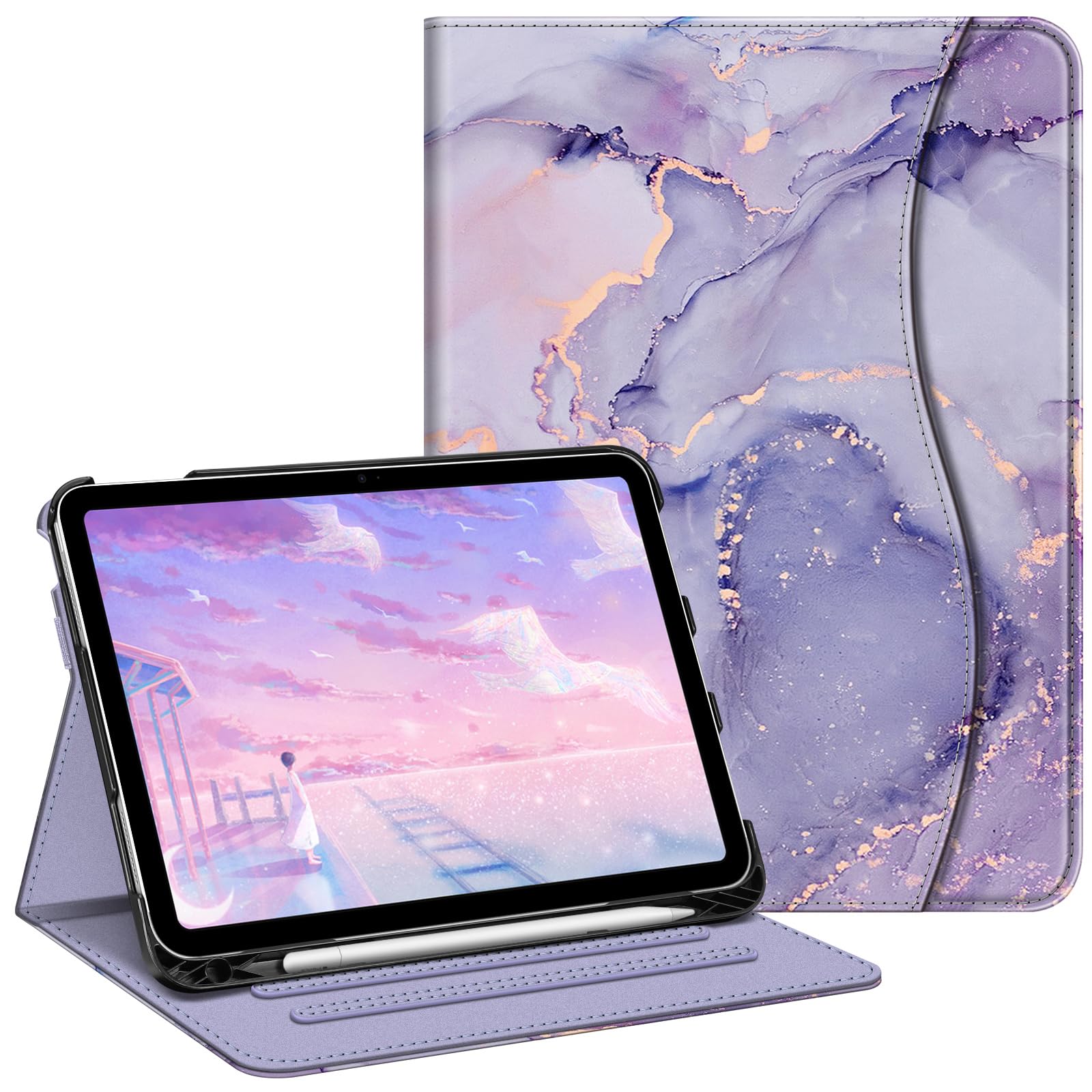Fintie Case for iPad (A16) 11th Generation 11 Inch (2025), iPad 10th Generation 10.9 Inch (2022), Multi-Angle Viewing Protective Stand Cover with Pencil Holder & Pocket, Lilac Marble