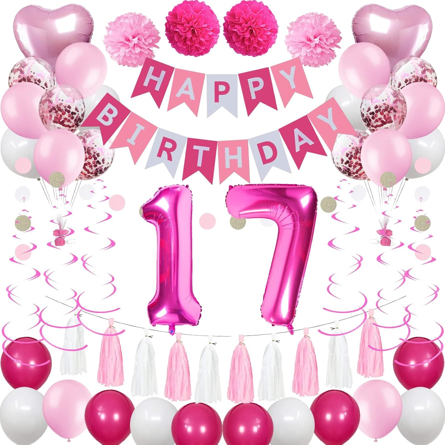 Sweet 17th Birthday Decorations for Girls, Pink and White 17 Happy Birthday Balloons?17th Birthday Party Supplies for Her Daughter Kids Including Pink Happy Birthday Banner, Hot Pink Number 17 Foil Balloons