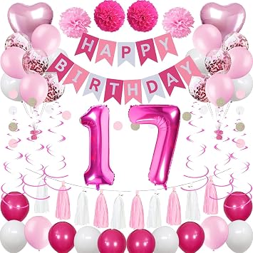 Sweet 17th Birthday Decorations for Girls, Pink and White 17 Happy Birthday Balloons, Banner, Hanging Swirls, Paper Pompoms, Confetti Balloons