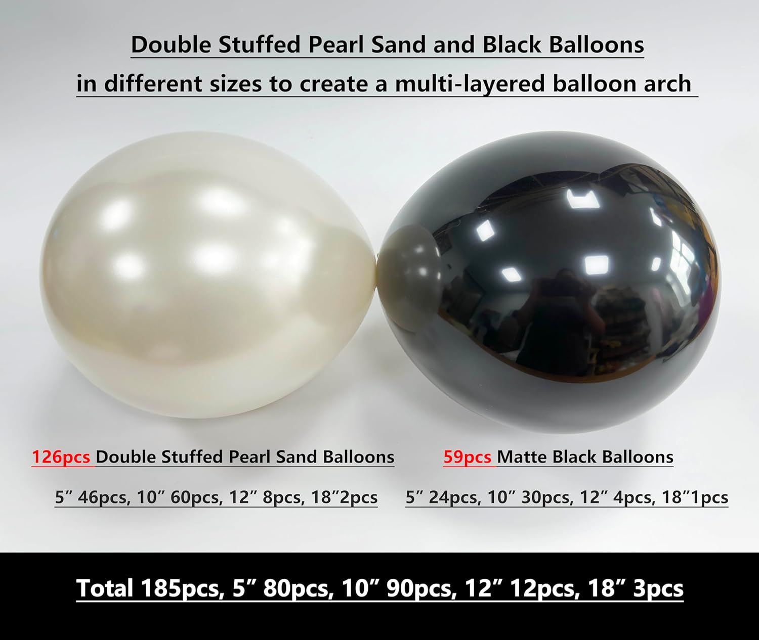185pcs Black and Double Stuffed Pearl Sand Balloon Arch Kit with Bows & Faux Pearls, Black and White Balloons for Birthday Baby Shower Wedding Bridal Shower Anniversary Party Decorations