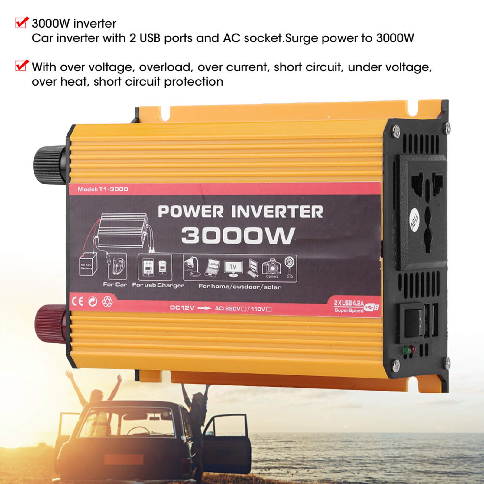 KIMISS Car Inverter 3000W Dual USB Auto Power Converter Trasformatore a onda sinusoidale modificata(AC 110V)