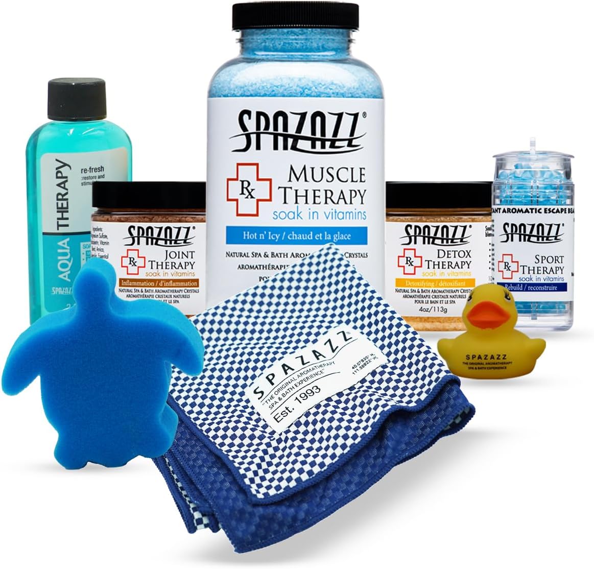 Spazazz Sports Athlete Hot Tub & Bath Salt Gift Bundle – Muscle Therapy 19 oz, Rx Joint 4oz, Detox 4oz, Aqua Therapy Re-Fresh 2.5oz, Sport Aroma Beads .5oz, scum Sponge, Hot/Cold Towel, Rubber Duck