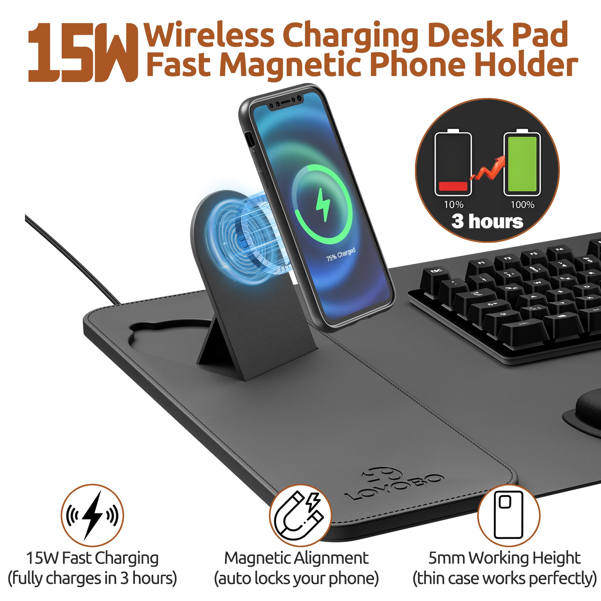Podkładka pod mysz do gier XXL z szybkim bezprzewodowym ładowaniem 15 W, kąt widzenia, ergonomiczna konstrukcja, składana magnetyczna ładowarka do telefonu, 90 x 40 cm, skóra PU, podkładka na biurko z